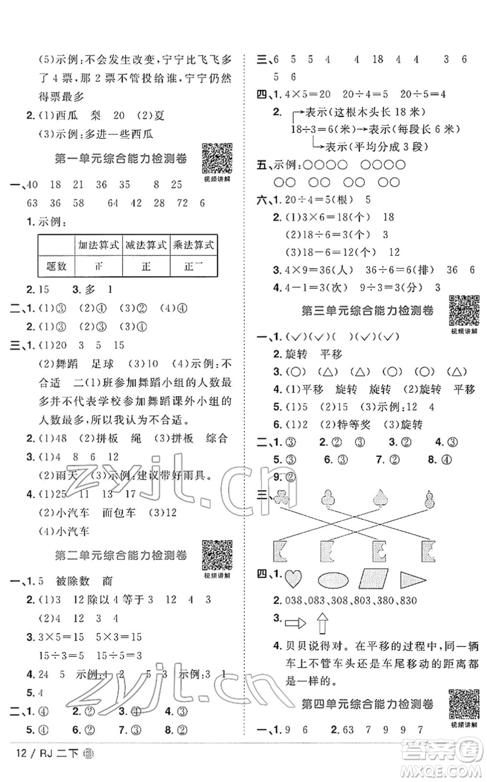 福建少年兒童出版社2022陽光同學(xué)課時(shí)優(yōu)化作業(yè)二年級(jí)數(shù)學(xué)下冊(cè)RJ人教版福建專版答案