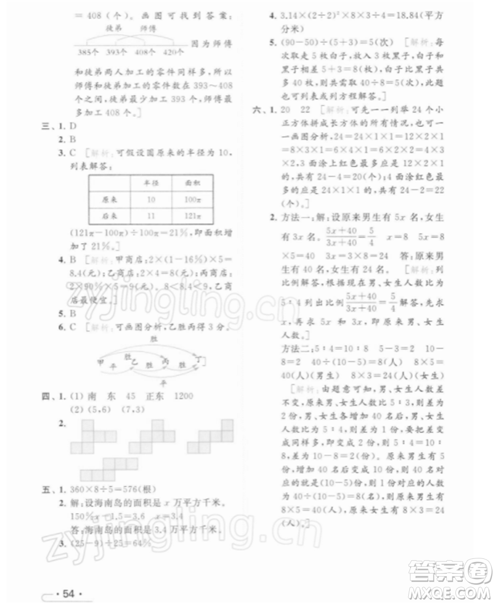 北京教育出版社2022亮點(diǎn)給力提優(yōu)課時(shí)作業(yè)本六年級(jí)數(shù)學(xué)下冊(cè)江蘇版參考答案