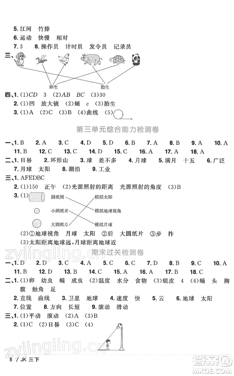 江西教育出版社2022陽光同學課時優(yōu)化作業(yè)三年級科學下冊JK教科版答案