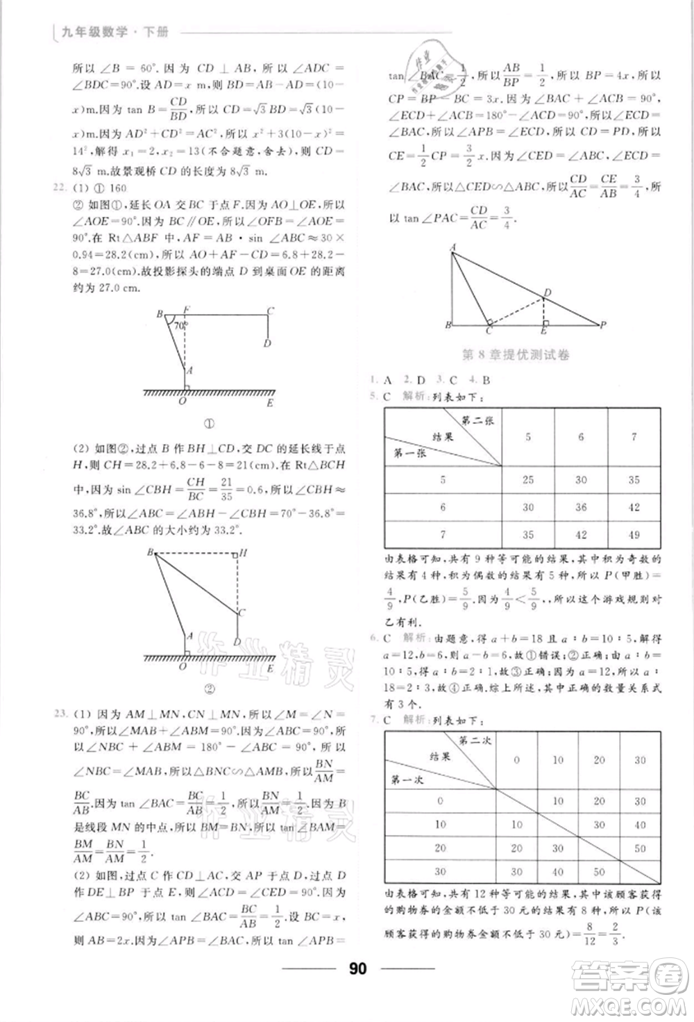 云南美術出版社2022亮點給力提優(yōu)課時作業(yè)本九年級數學下冊蘇科版參考答案