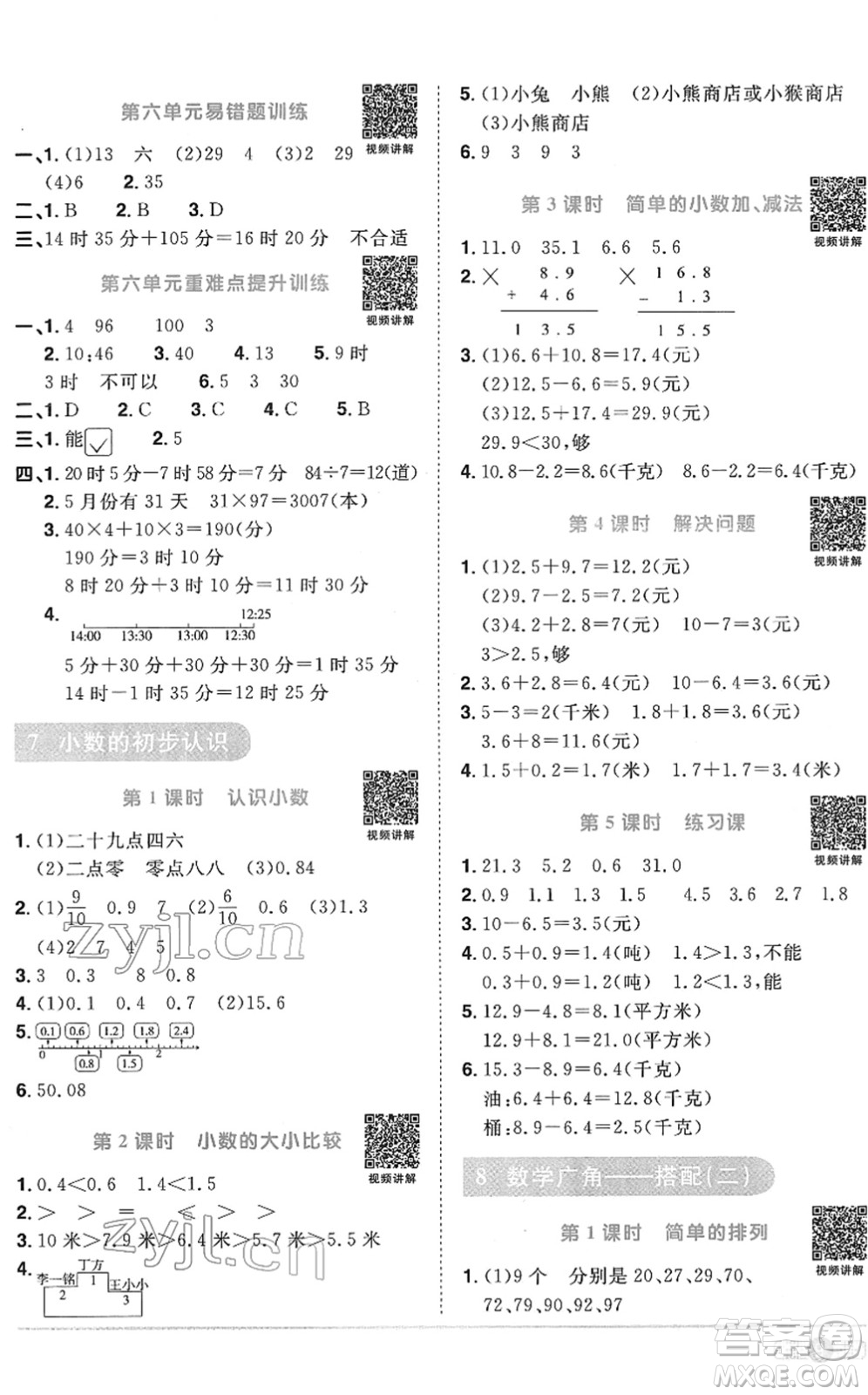 江西教育出版社2022陽光同學課時優(yōu)化作業(yè)三年級數(shù)學下冊RJ人教版菏澤專版答案