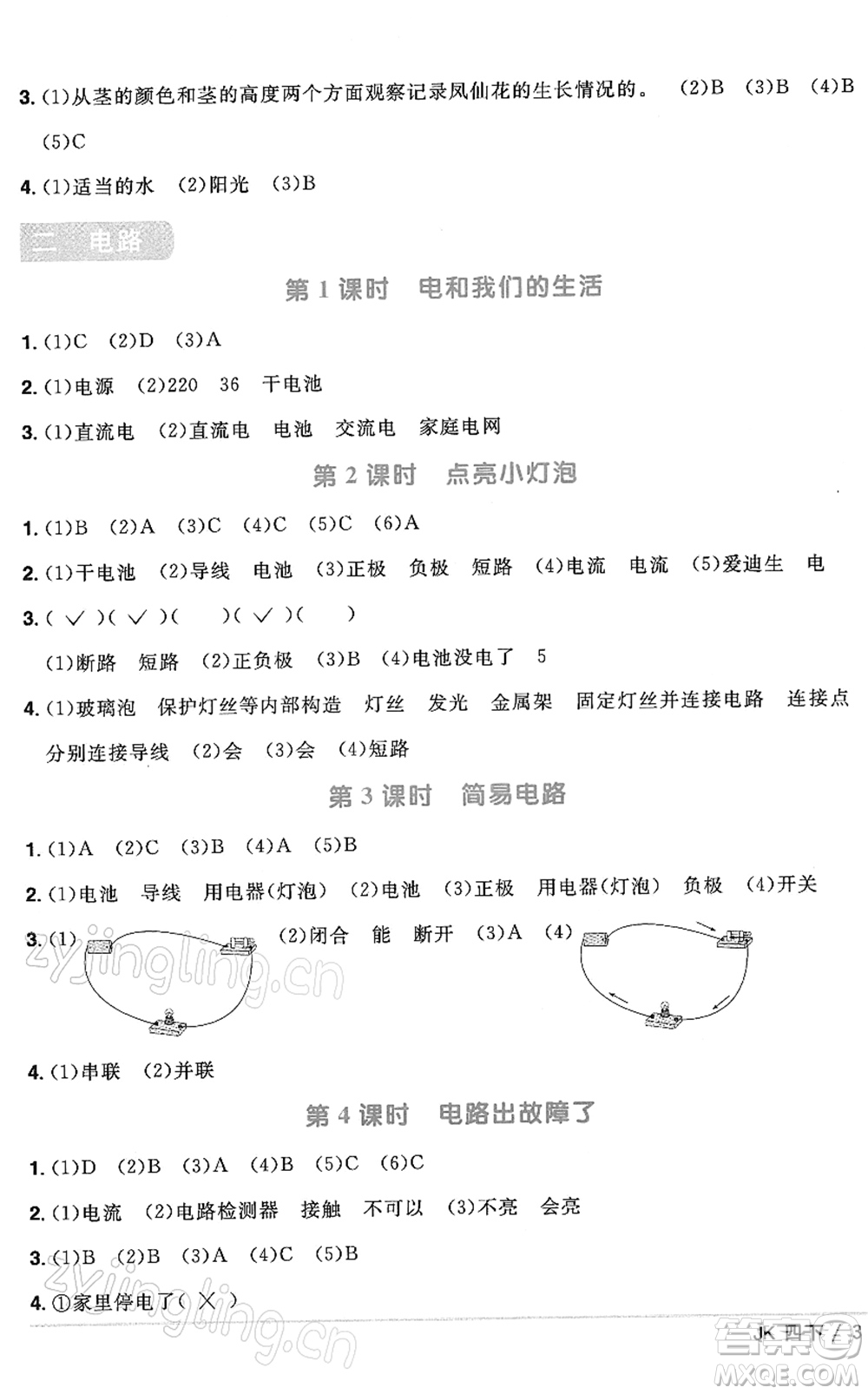 江西教育出版社2022陽(yáng)光同學(xué)課時(shí)優(yōu)化作業(yè)四年級(jí)科學(xué)下冊(cè)JK教科版答案