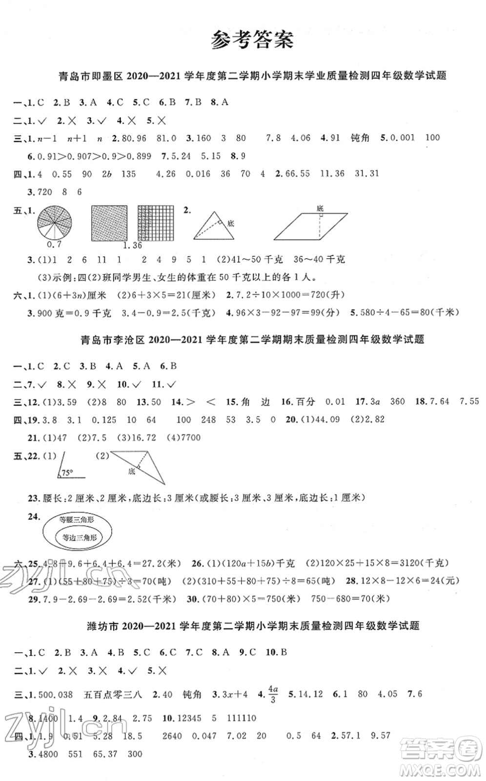 江西教育出版社2022陽光同學(xué)課時優(yōu)化作業(yè)四年級數(shù)學(xué)下冊QD青島版答案