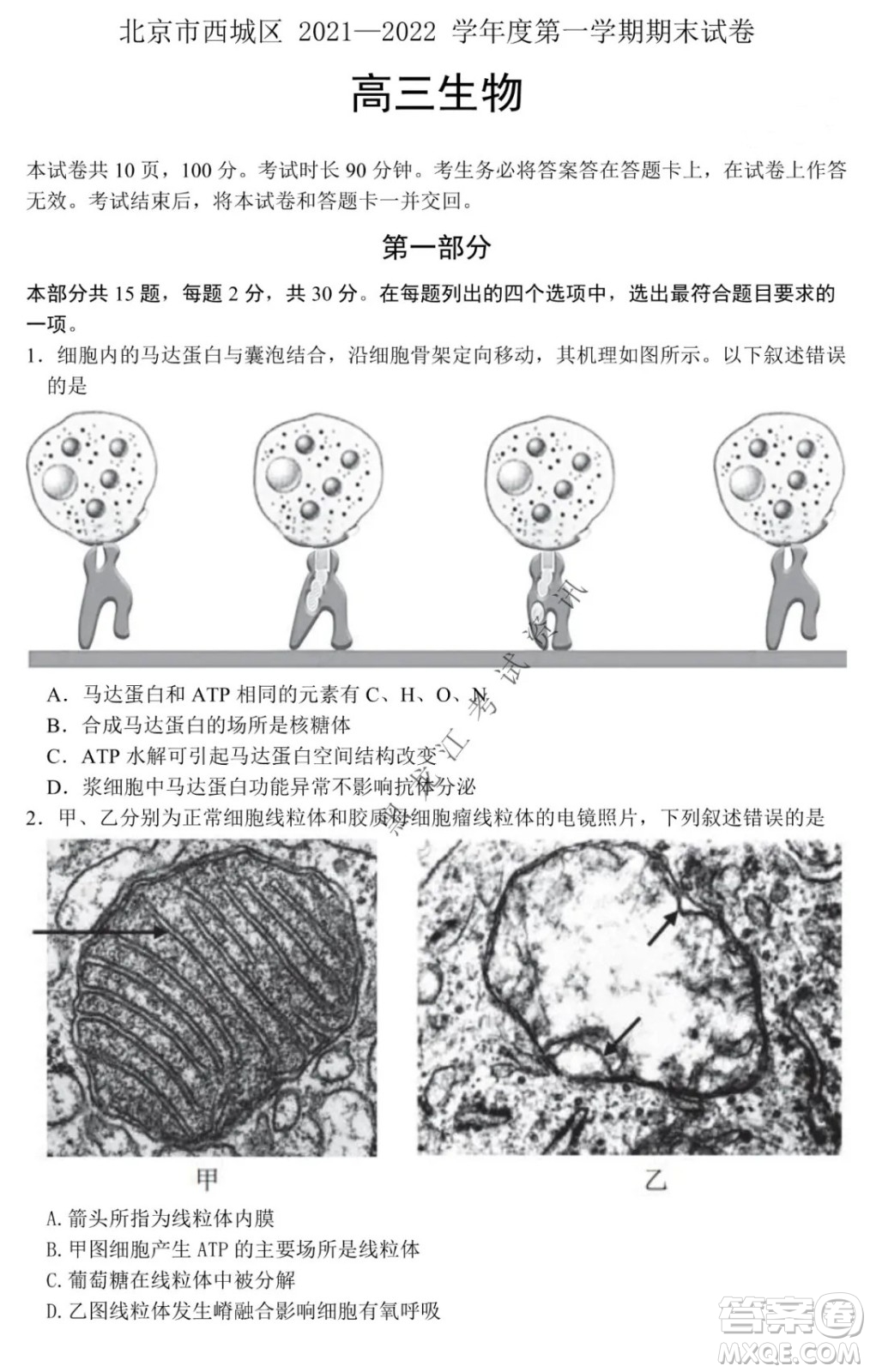 北京市西城區(qū)2021-2022學(xué)年第一學(xué)期期末試卷高三生物試題及答案