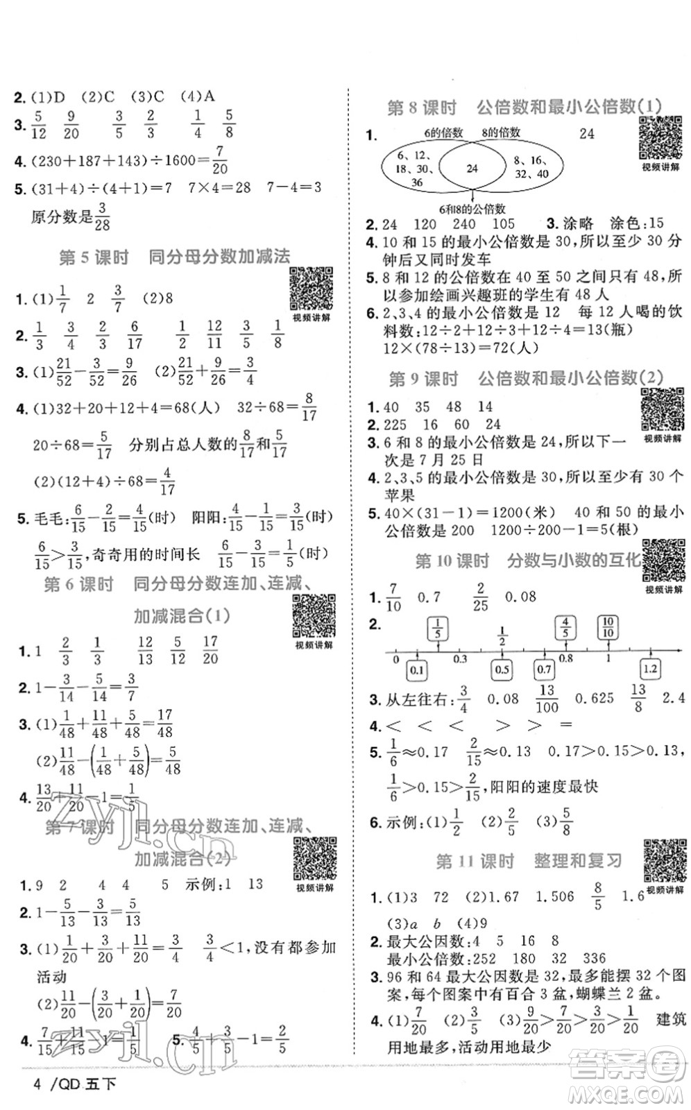 江西教育出版社2022陽(yáng)光同學(xué)課時(shí)優(yōu)化作業(yè)五年級(jí)數(shù)學(xué)下冊(cè)QD青島版答案