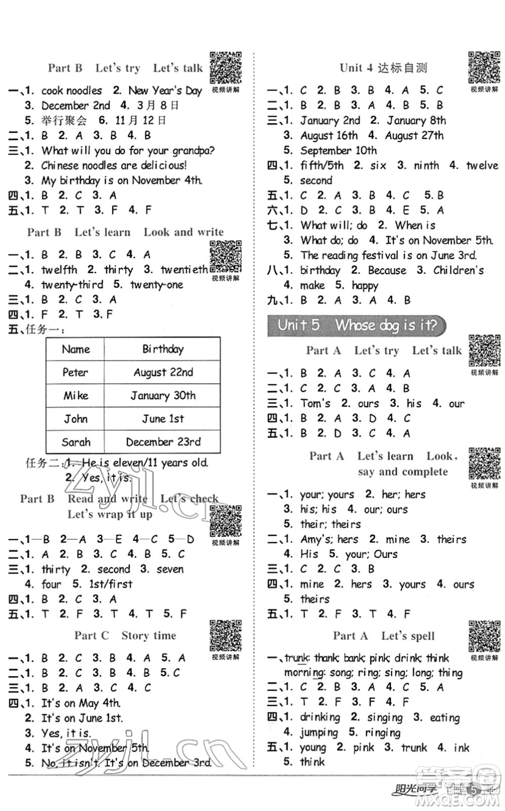 江西教育出版社2022陽光同學(xué)課時優(yōu)化作業(yè)五年級英語下冊PEP版答案