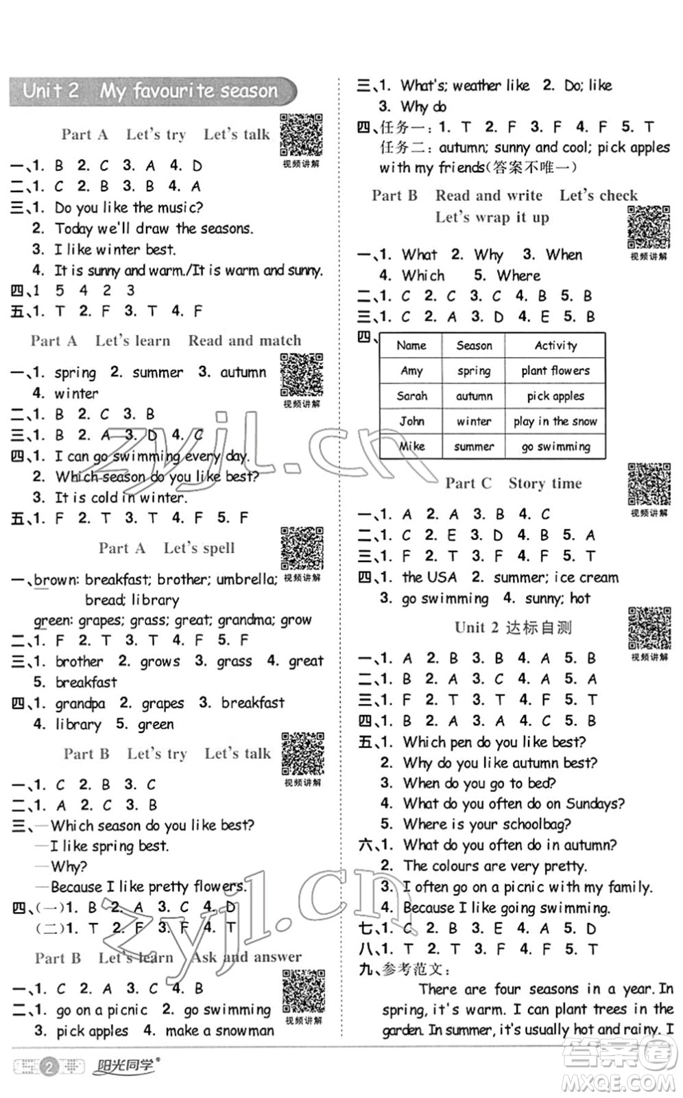 江西教育出版社2022陽光同學(xué)課時優(yōu)化作業(yè)五年級英語下冊PEP版答案