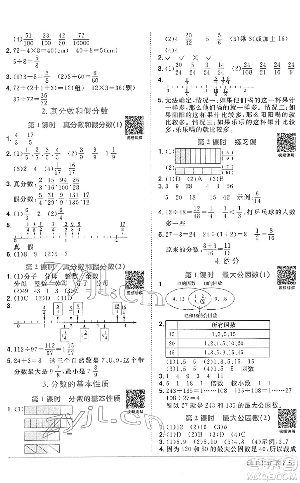 福建少年兒童出版社2022陽光同學課時優(yōu)化作業(yè)五年級數(shù)學下冊RJ人教版福建專版答案