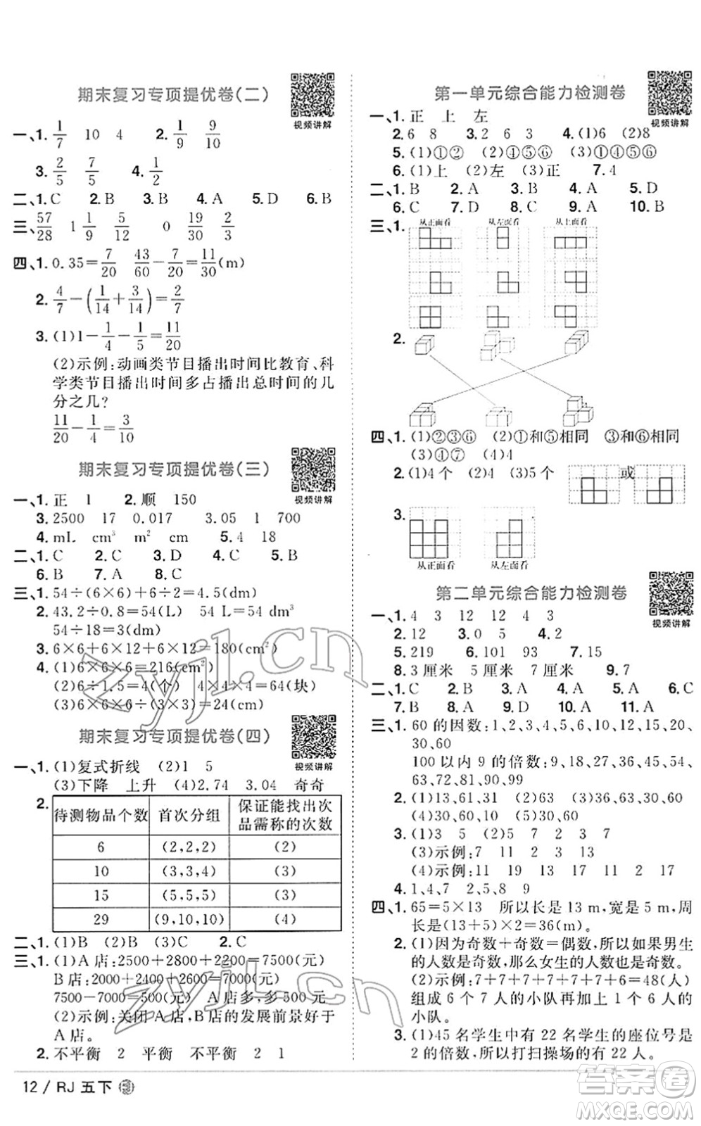 福建少年兒童出版社2022陽光同學課時優(yōu)化作業(yè)五年級數(shù)學下冊RJ人教版福建專版答案