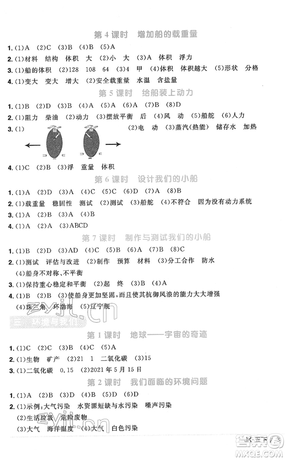 江西教育出版社2022陽光同學(xué)課時優(yōu)化作業(yè)五年級科學(xué)下冊JK教科版答案