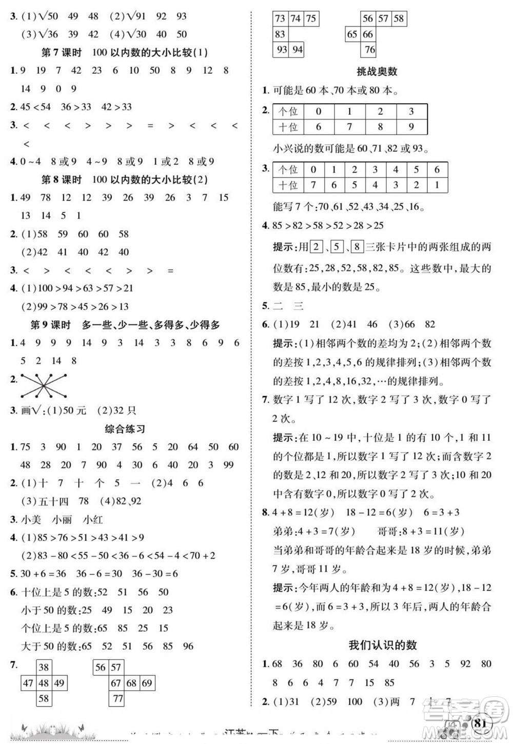 新疆青少年出版社2022英才小靈通數(shù)學(xué)一年級(jí)下冊(cè)江蘇版答案