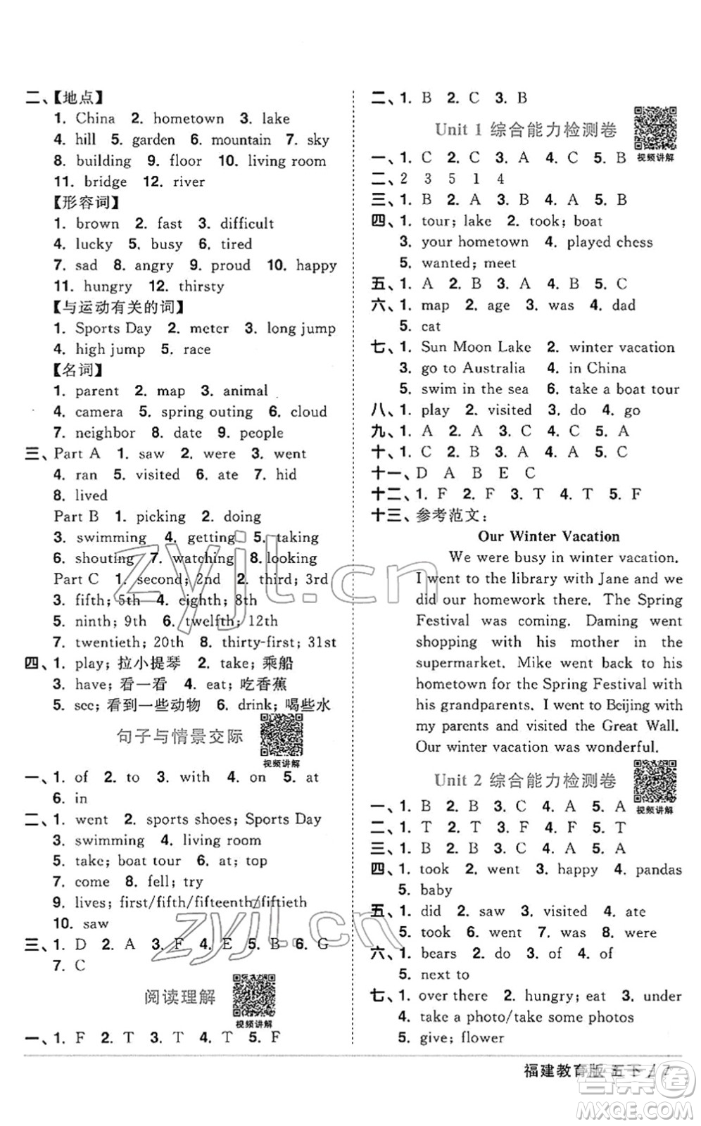 江西教育出版社2022陽(yáng)光同學(xué)課時(shí)優(yōu)化作業(yè)五年級(jí)英語(yǔ)下冊(cè)福建教育版答案