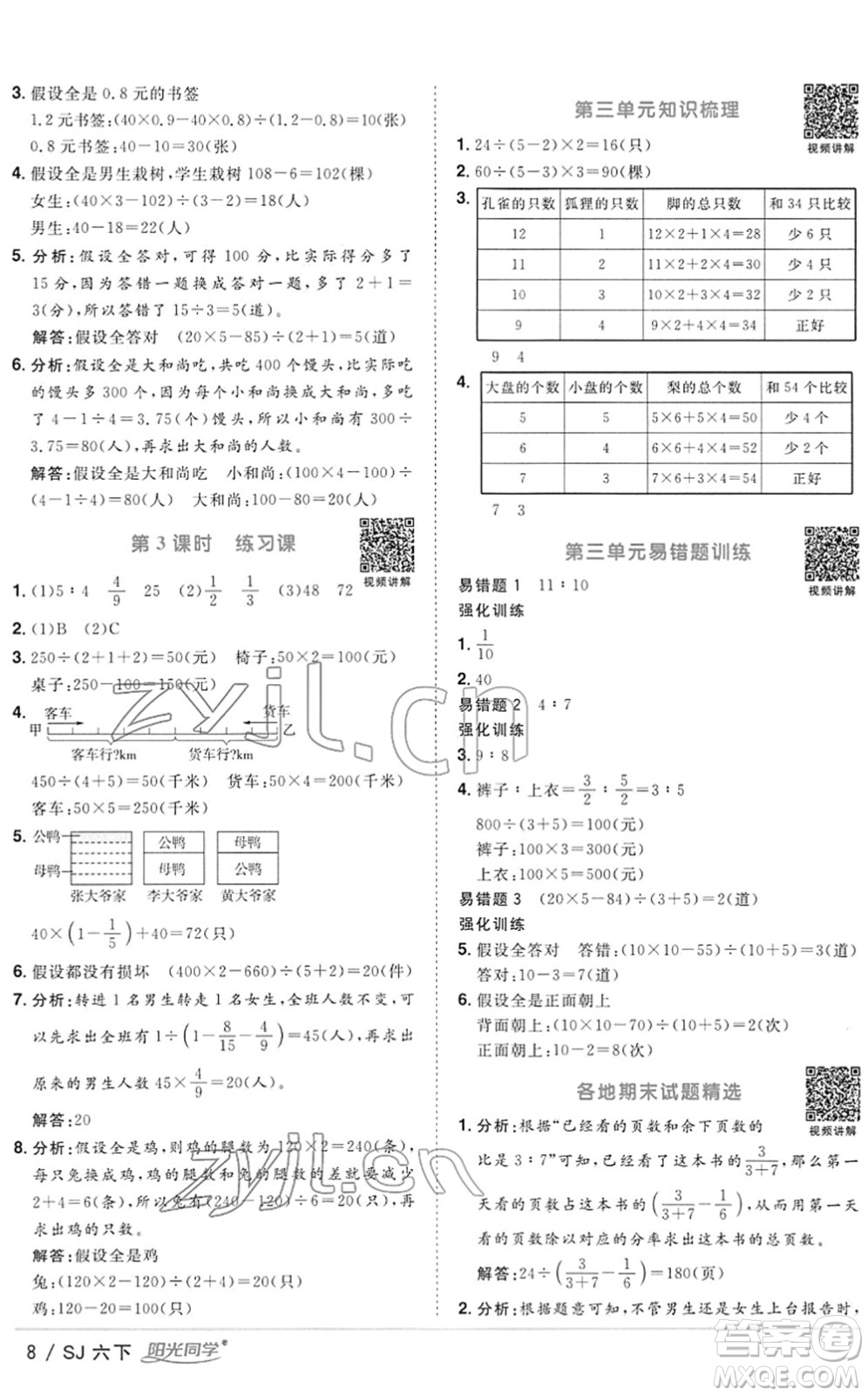 江西教育出版社2022陽光同學(xué)課時優(yōu)化作業(yè)六年級數(shù)學(xué)下冊SJ蘇教版答案