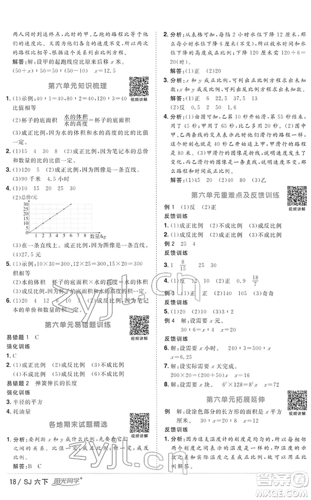 江西教育出版社2022陽光同學(xué)課時優(yōu)化作業(yè)六年級數(shù)學(xué)下冊SJ蘇教版答案