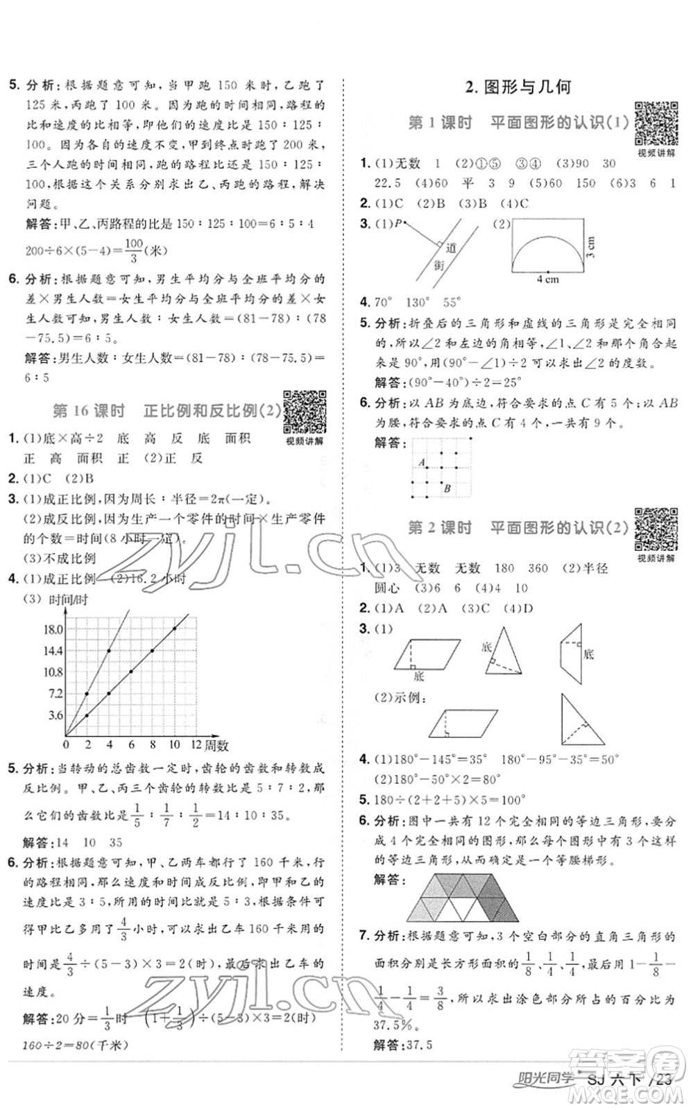 江西教育出版社2022陽光同學(xué)課時優(yōu)化作業(yè)六年級數(shù)學(xué)下冊SJ蘇教版答案