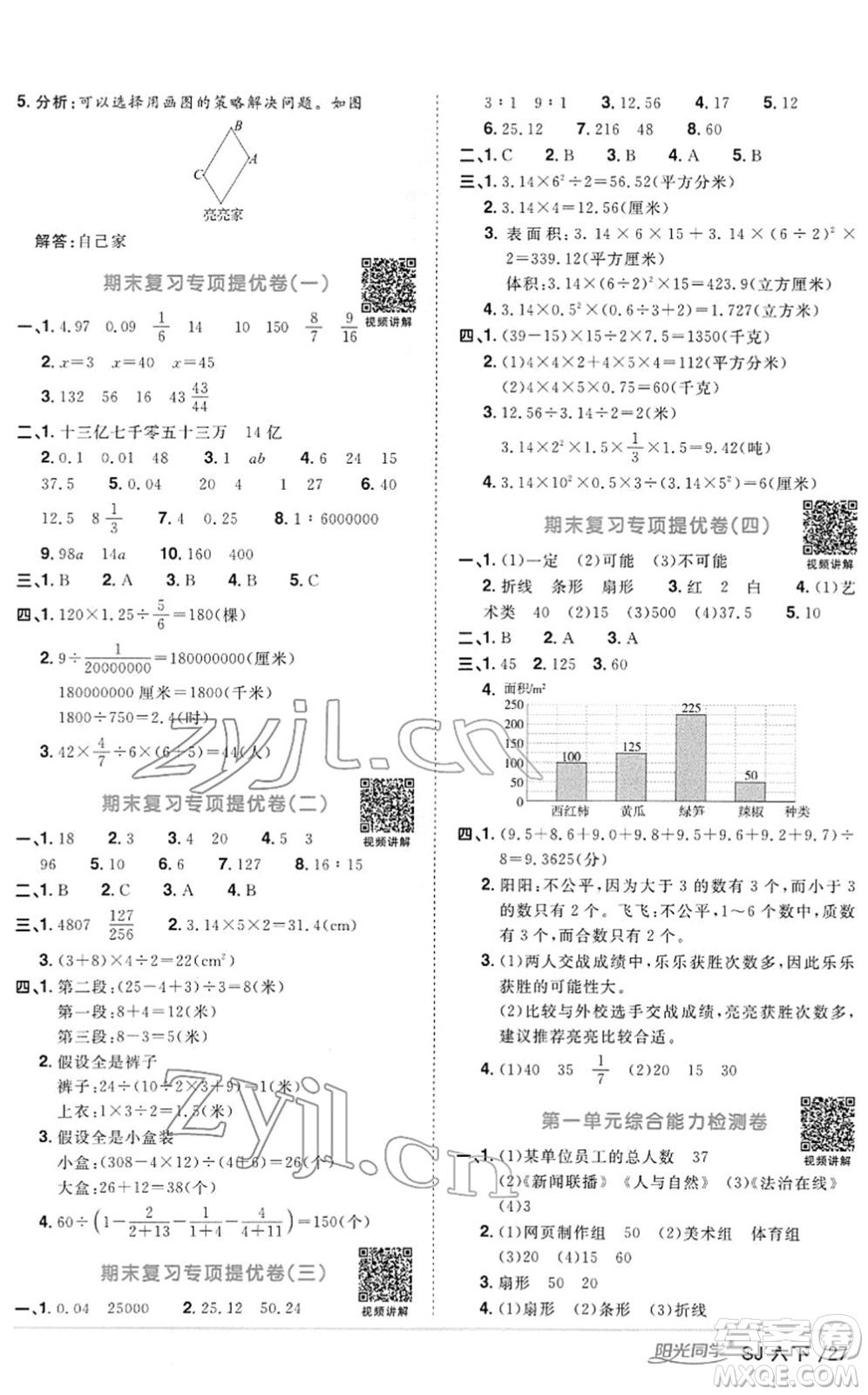 江西教育出版社2022陽光同學(xué)課時優(yōu)化作業(yè)六年級數(shù)學(xué)下冊SJ蘇教版答案