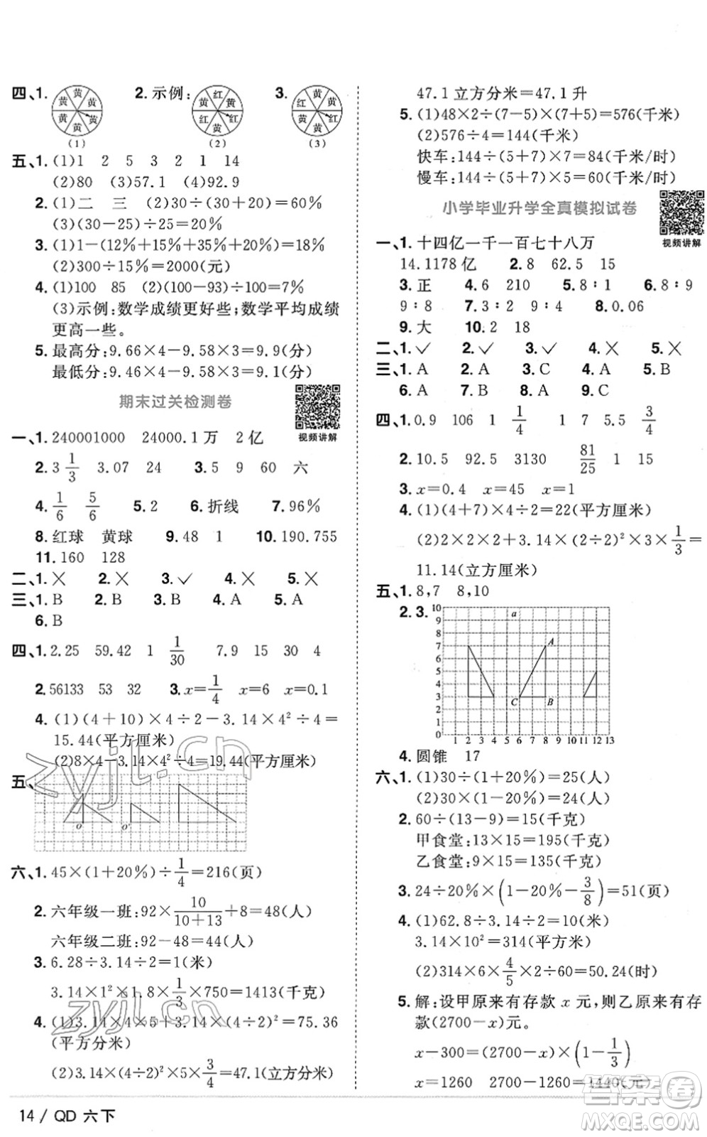 江西教育出版社2022陽光同學(xué)課時優(yōu)化作業(yè)六年級數(shù)學(xué)下冊QD青島版答案