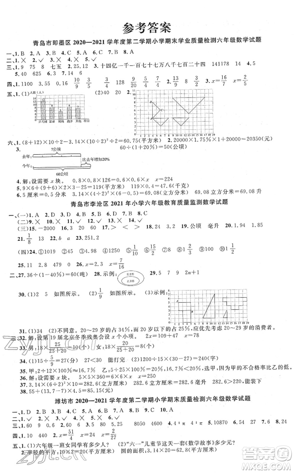 江西教育出版社2022陽光同學(xué)課時優(yōu)化作業(yè)六年級數(shù)學(xué)下冊QD青島版答案