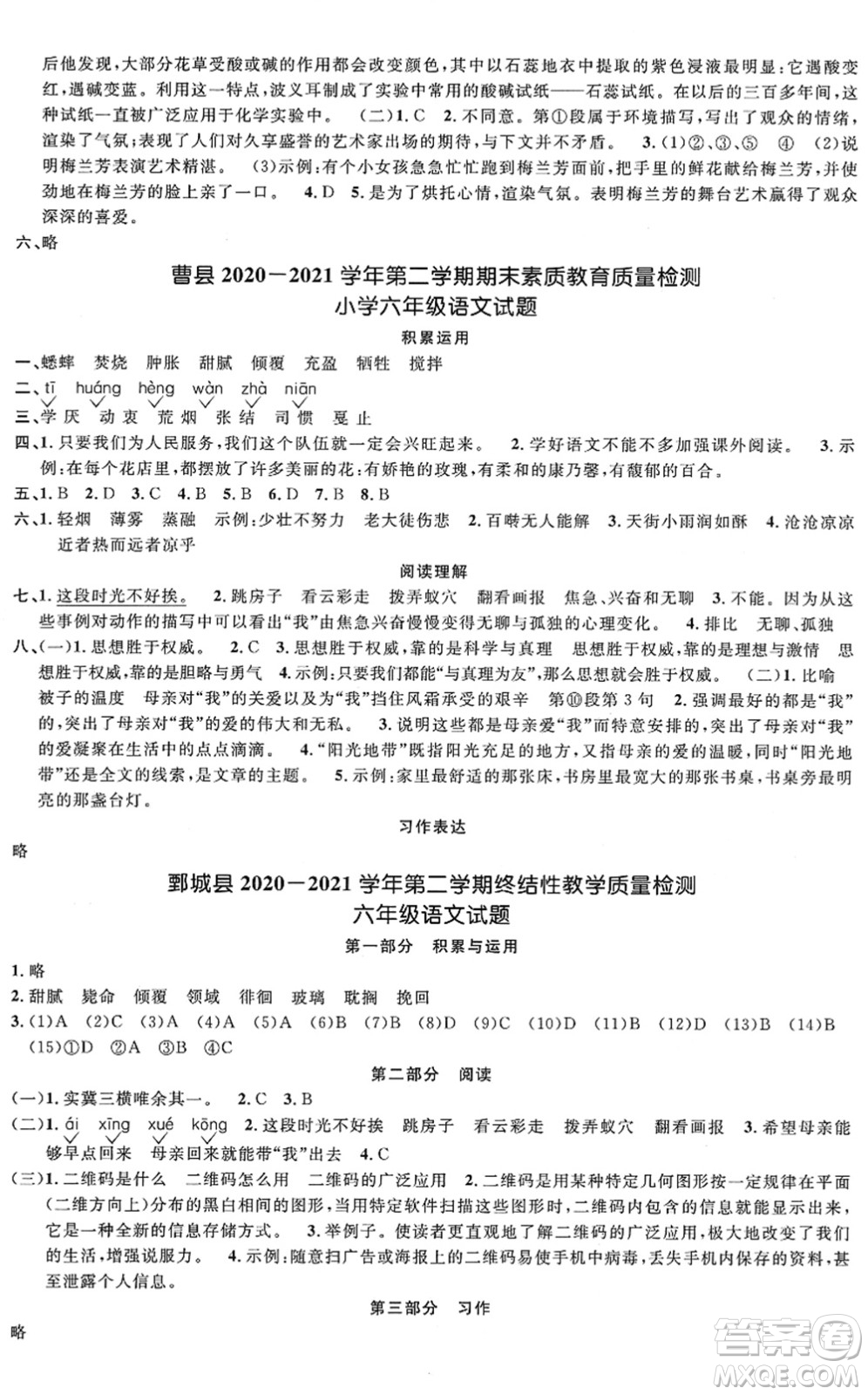 江西教育出版社2022陽光同學(xué)課時(shí)優(yōu)化作業(yè)六年級(jí)語文下冊RJ人教版菏澤專版答案