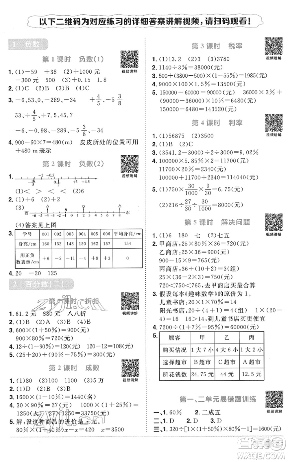 江西教育出版社2022陽光同學(xué)課時(shí)優(yōu)化作業(yè)六年級(jí)數(shù)學(xué)下冊(cè)RJ人教版菏澤專版答案