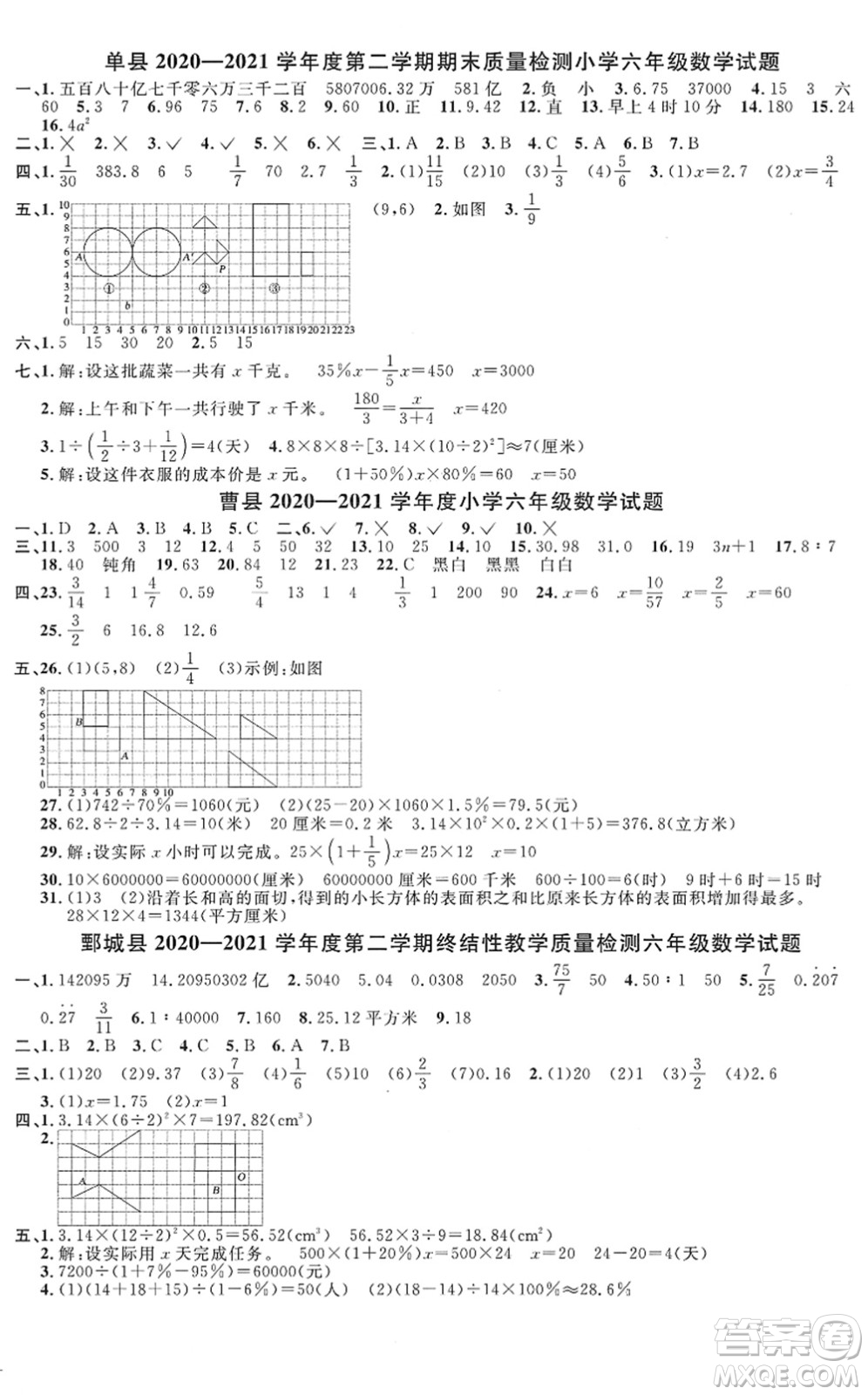 江西教育出版社2022陽光同學(xué)課時(shí)優(yōu)化作業(yè)六年級(jí)數(shù)學(xué)下冊(cè)RJ人教版菏澤專版答案