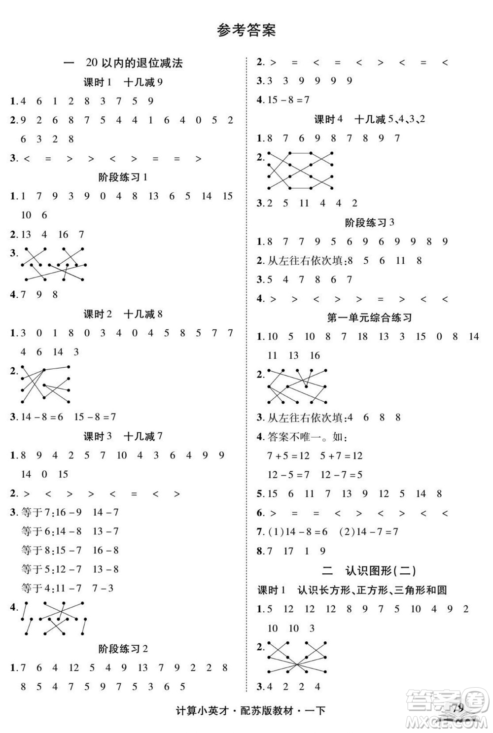 長(zhǎng)江少年兒童出版社2022計(jì)算小英才數(shù)學(xué)一年級(jí)下冊(cè)蘇教版答案