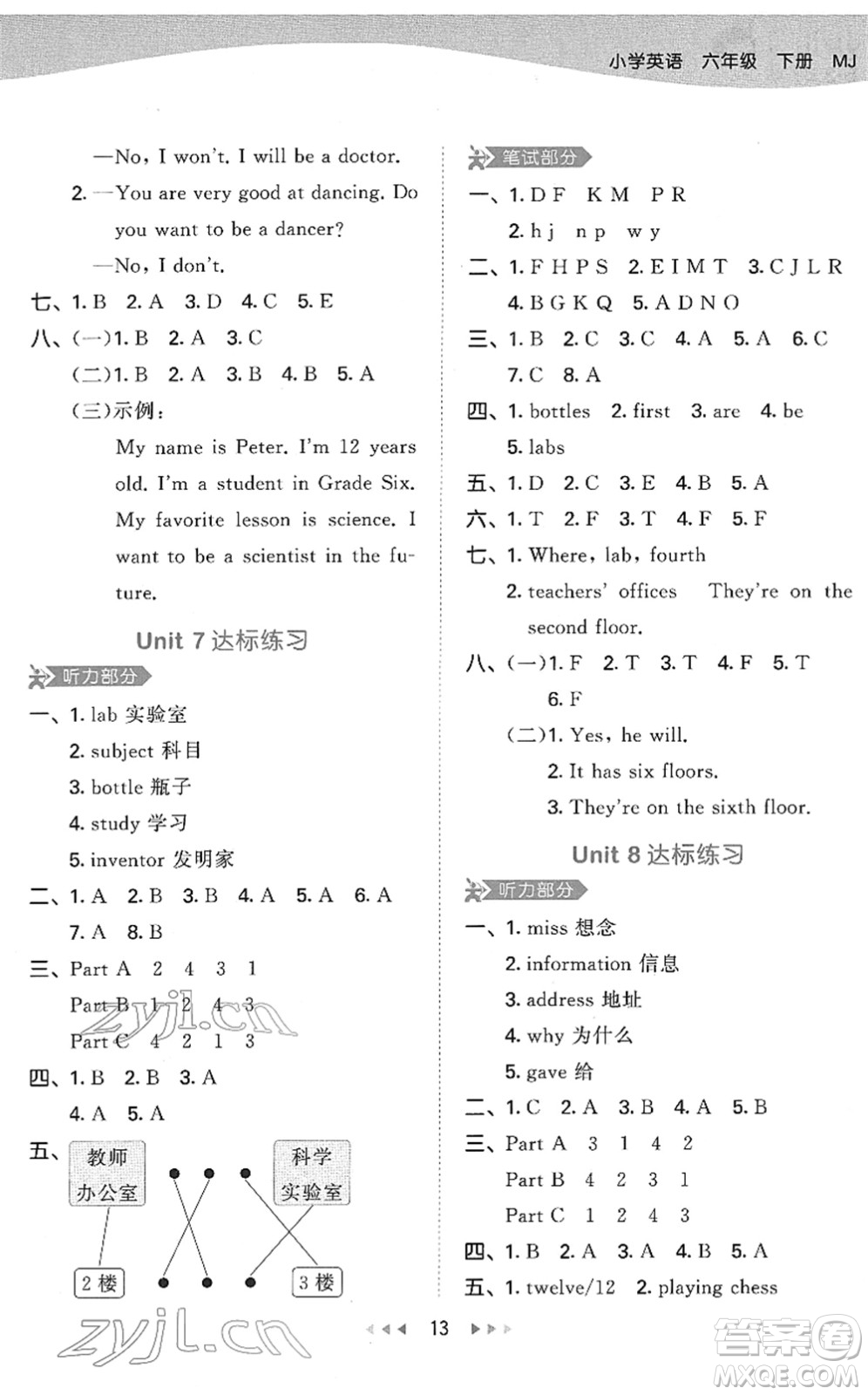 教育科學(xué)出版社2022春季53天天練六年級(jí)英語(yǔ)下冊(cè)MJ閩教版答案