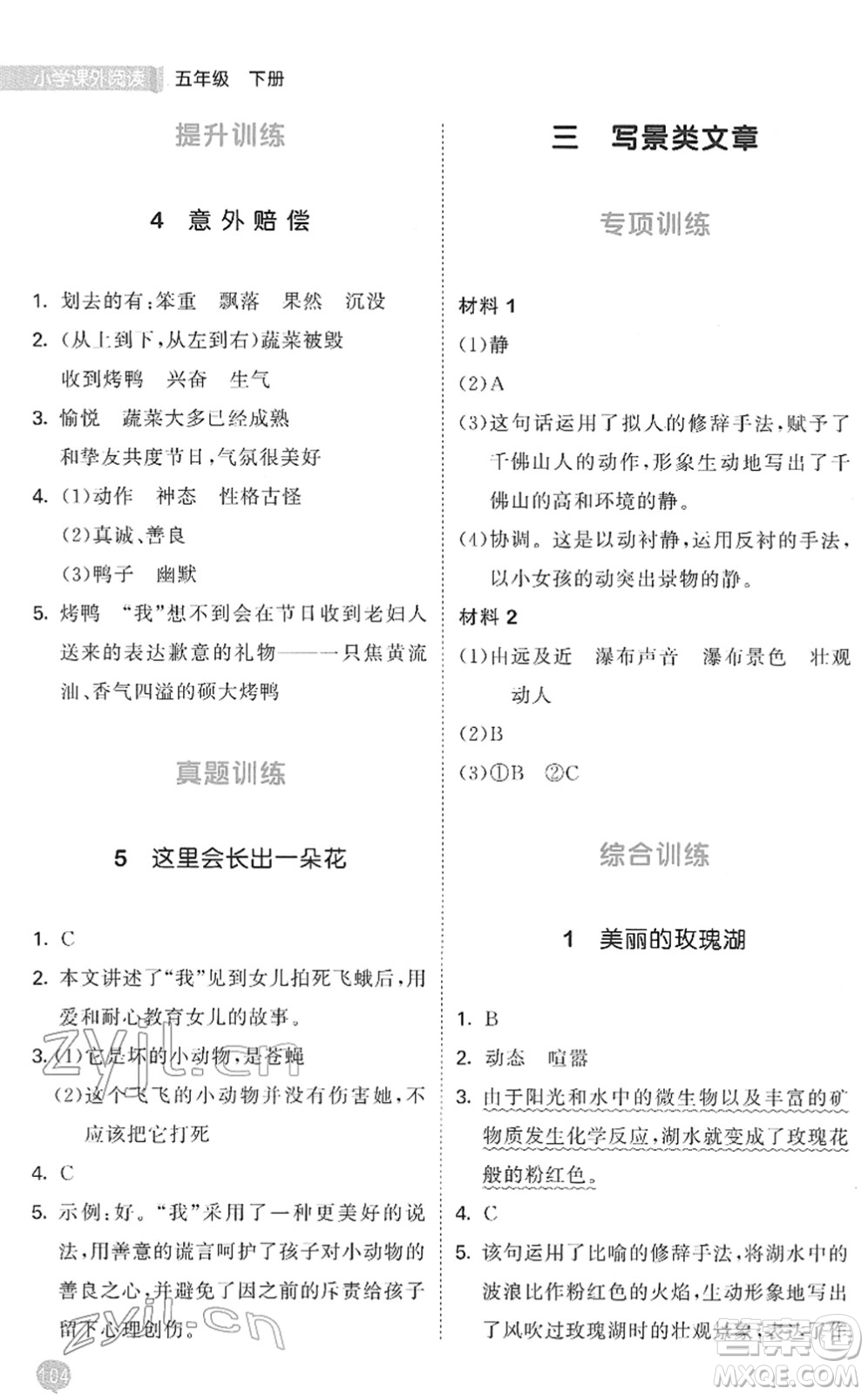 西安出版社2022春季53天天練小學(xué)課外閱讀五年級下冊人教版答案