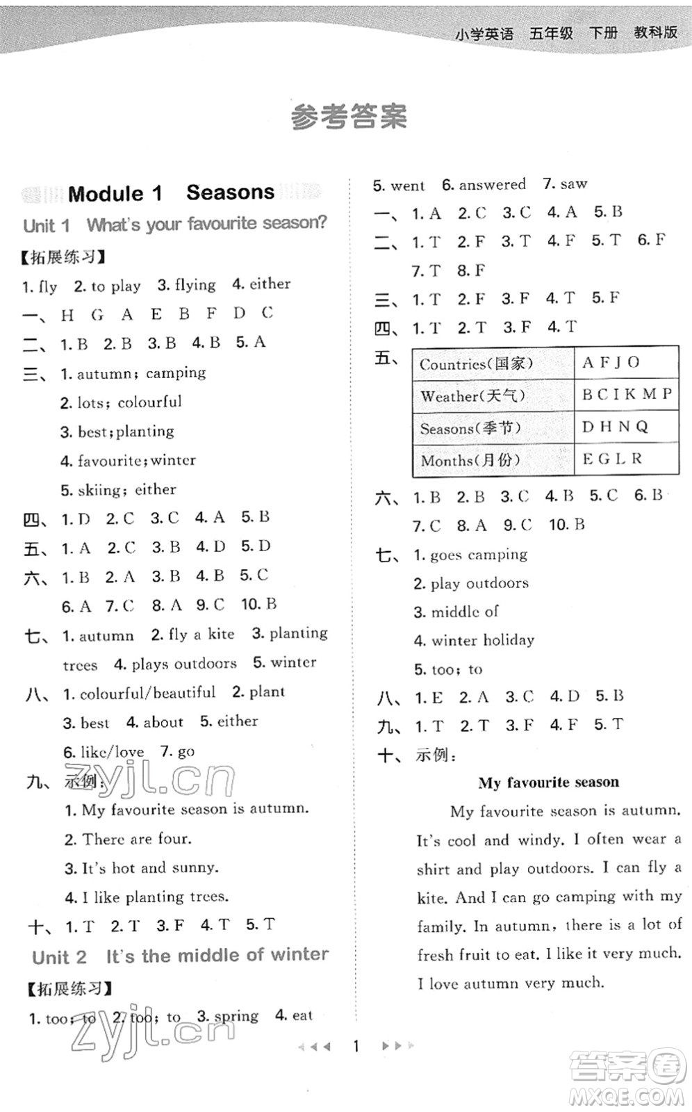 教育科學出版社2022春季53天天練五年級英語下冊教科版廣州專用答案