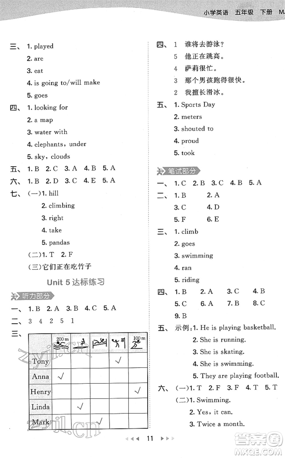 教育科學(xué)出版社2022春季53天天練五年級英語下冊MJ閩教版答案