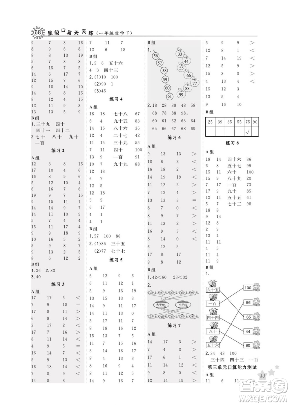 安徽教育出版社2022星級口算天天練一年級下冊數(shù)學(xué)JJ冀教版答案