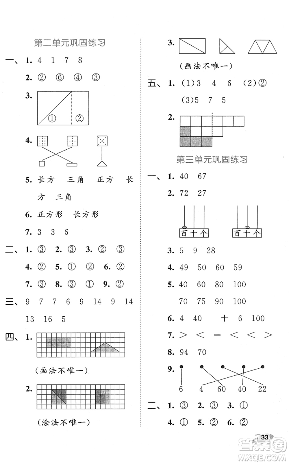 西安出版社2022春季53全優(yōu)卷一年級數(shù)學(xué)下冊SJ蘇教版答案