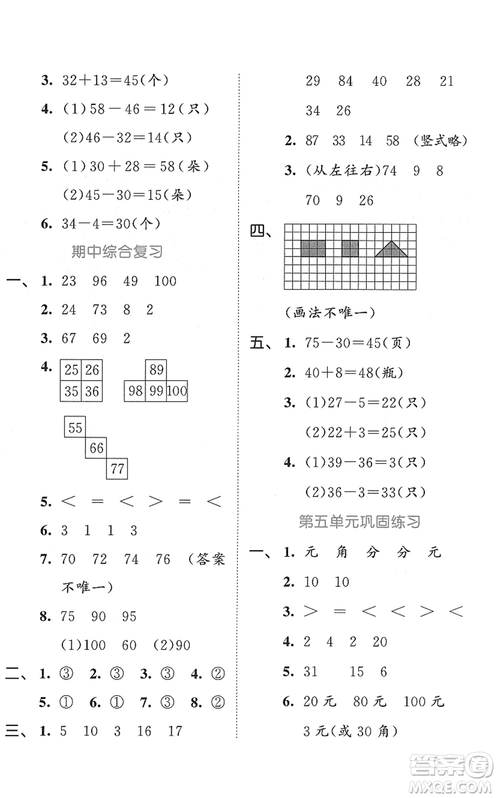 西安出版社2022春季53全優(yōu)卷一年級數(shù)學(xué)下冊SJ蘇教版答案