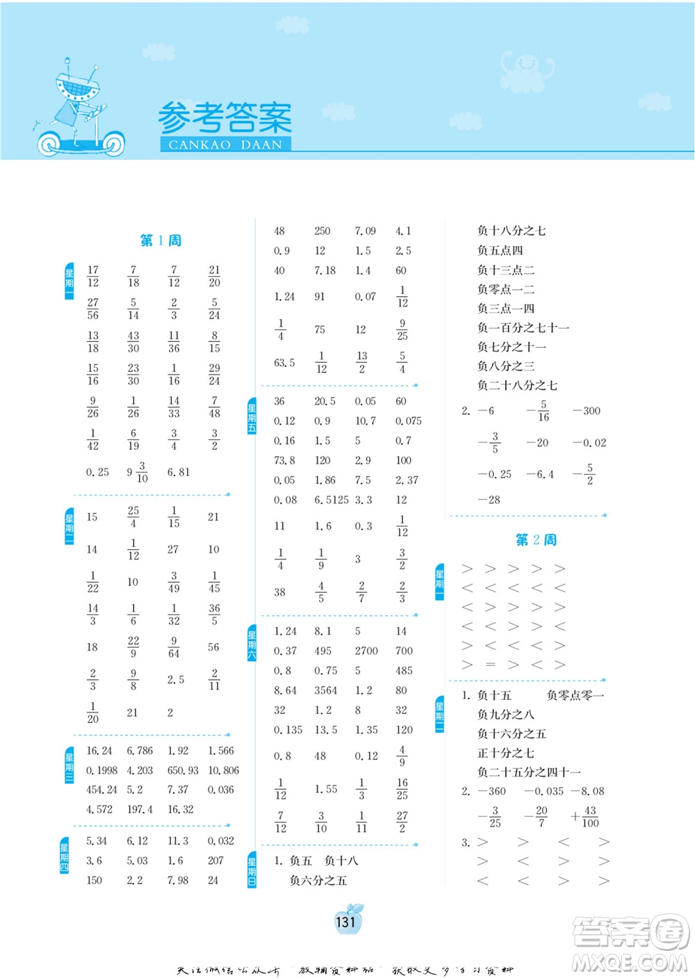 江蘇人民出版社2022小學(xué)數(shù)學(xué)計(jì)算高手六年級下冊RMJY人教版答案