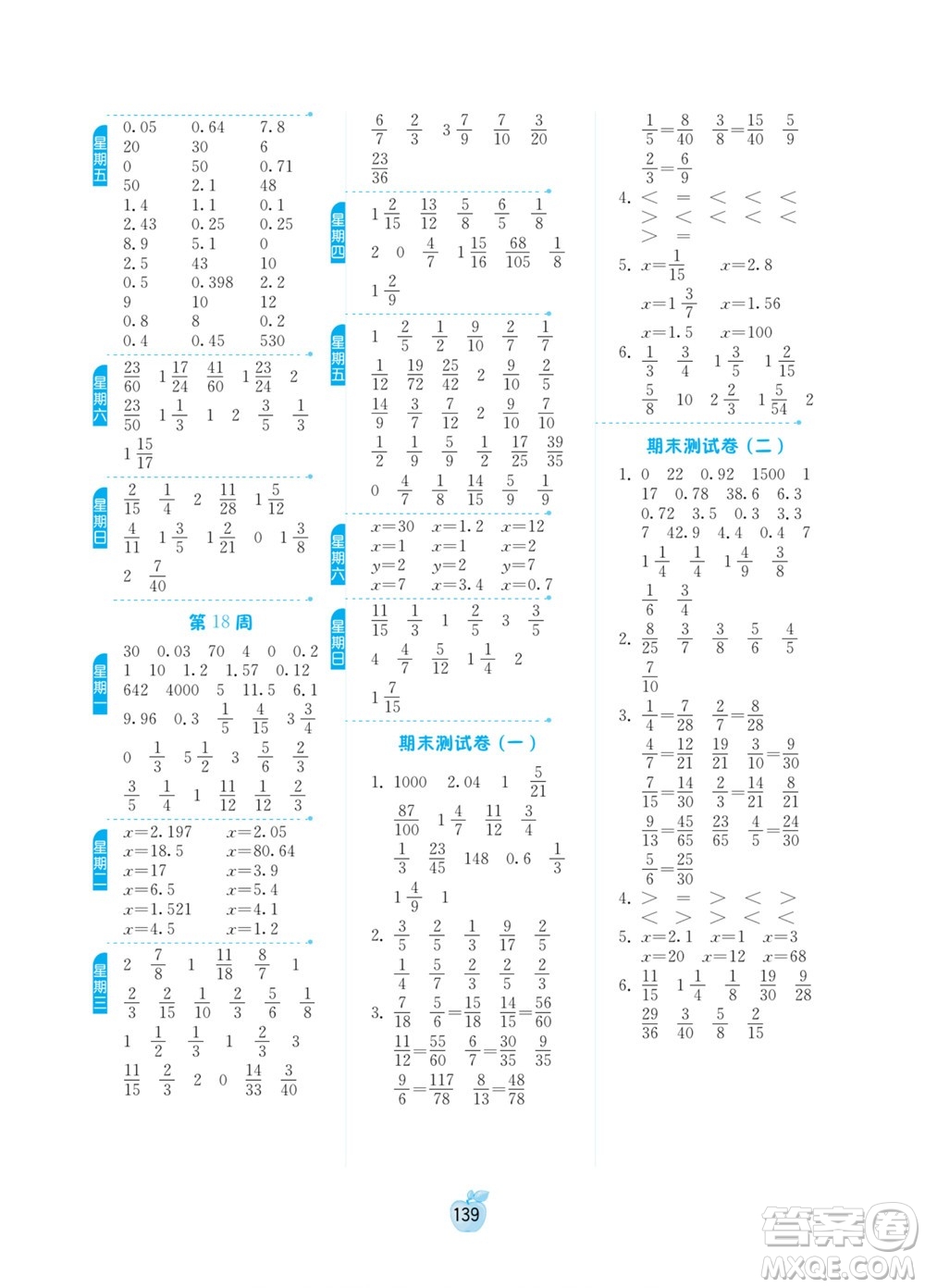 江蘇人民出版社2022小學數學計算高手五年級下冊JSJY蘇教版答案