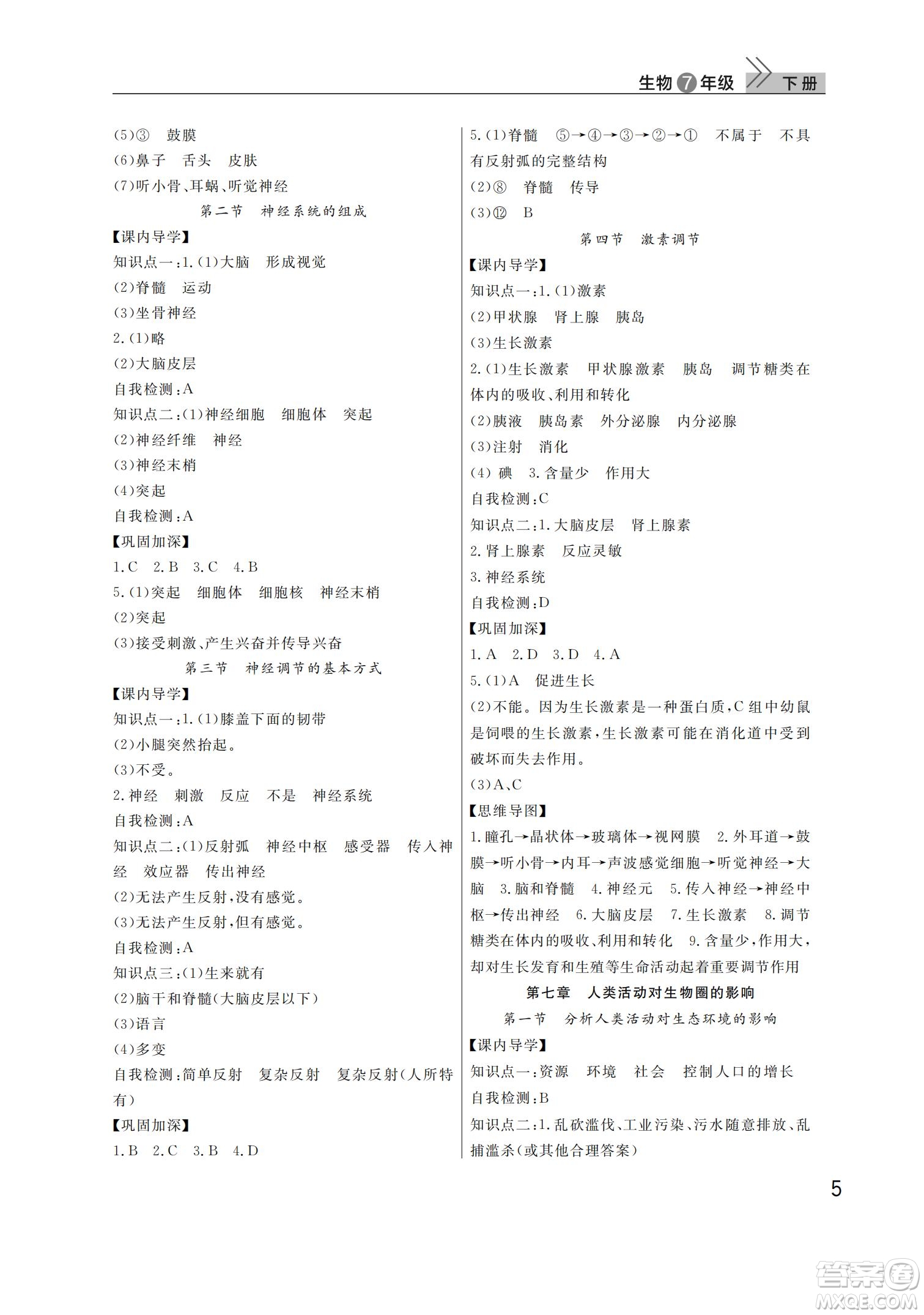 武漢出版社2022智慧學(xué)習(xí)天天向上課堂作業(yè)七年級(jí)生物下冊(cè)人教版答案