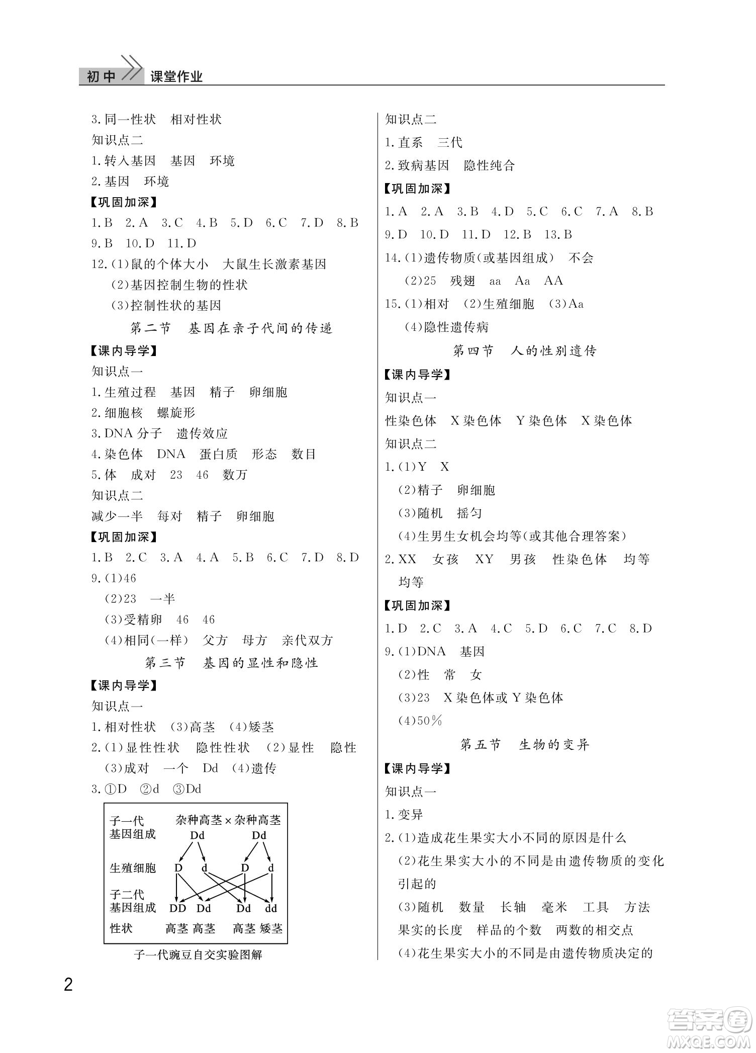 武漢出版社2022智慧學(xué)習(xí)天天向上課堂作業(yè)八年級生物下冊人教版答案