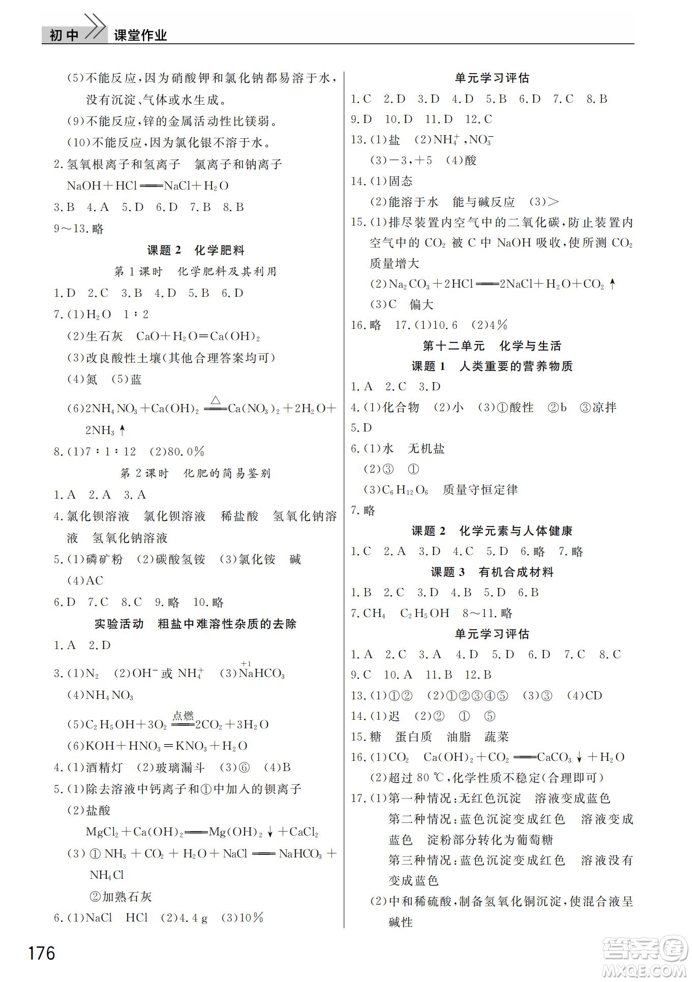 武漢出版社2022智慧學習天天向上課堂作業(yè)九年級化學下冊人教版答案