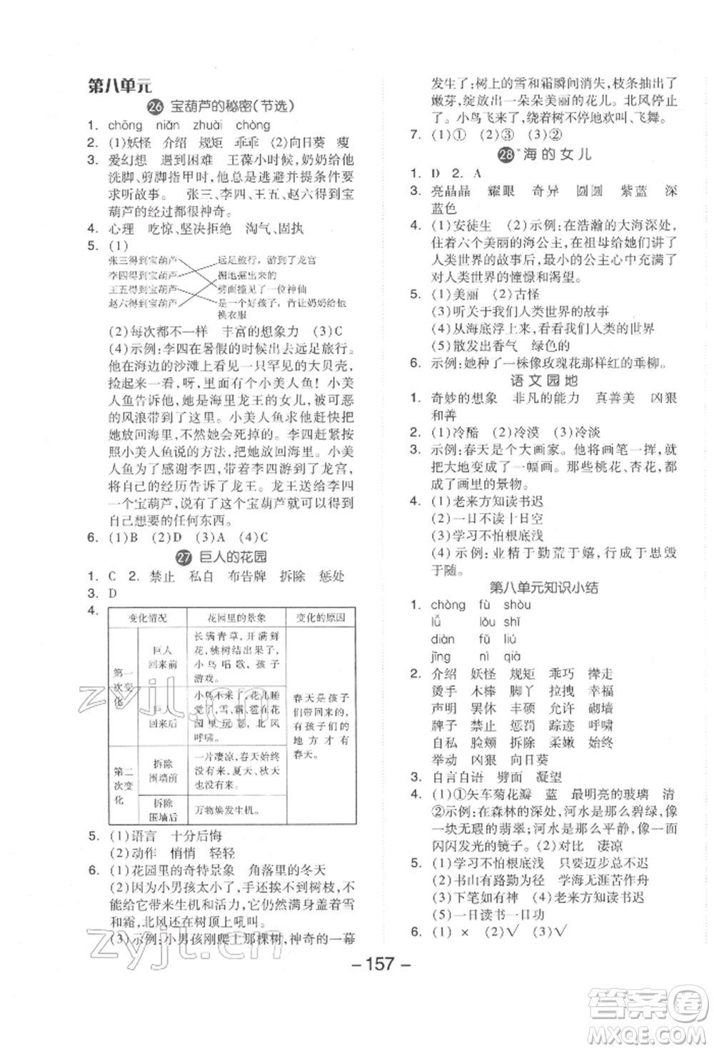 開(kāi)明出版社2022全品學(xué)練考四年級(jí)語(yǔ)文下冊(cè)人教版參考答案