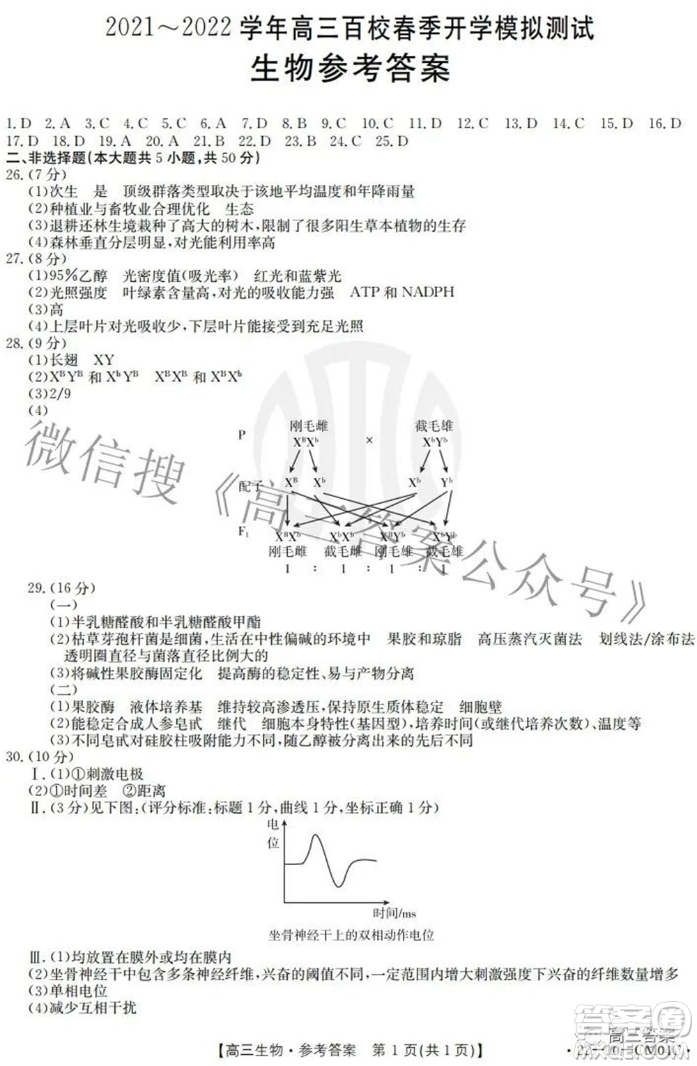 2021-2022學年高三百校春季開學模擬測試生物答案