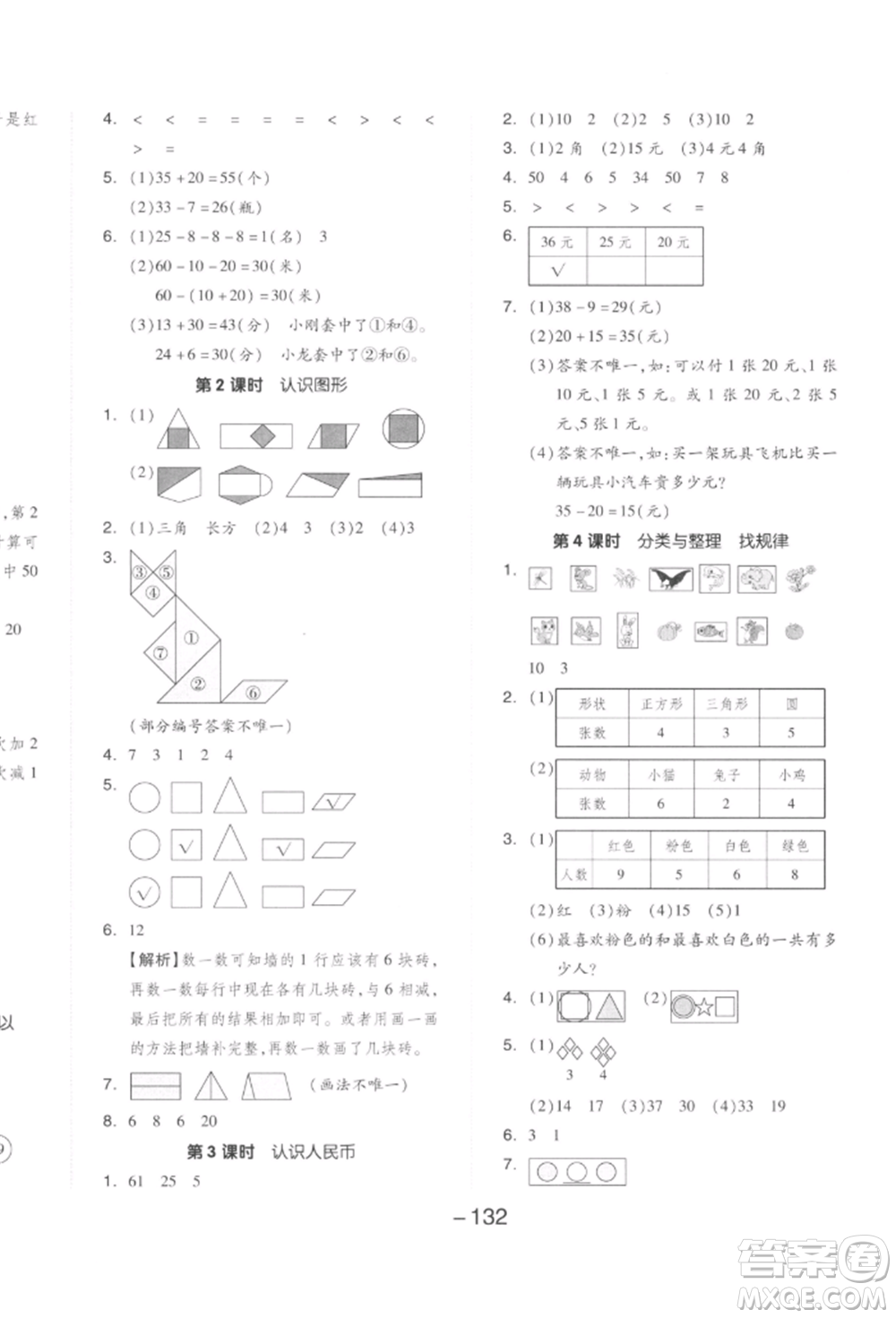 開(kāi)明出版社2022全品學(xué)練考一年級(jí)數(shù)學(xué)下冊(cè)人教版參考答案