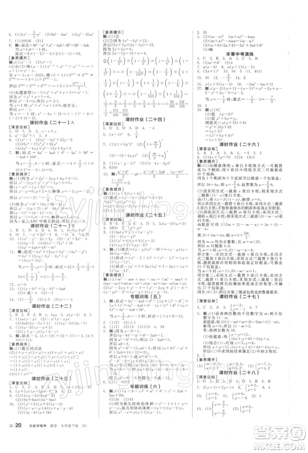 天津人民出版社2022全品學練考聽課手冊七年級數(shù)學下冊蘇科版參考答案