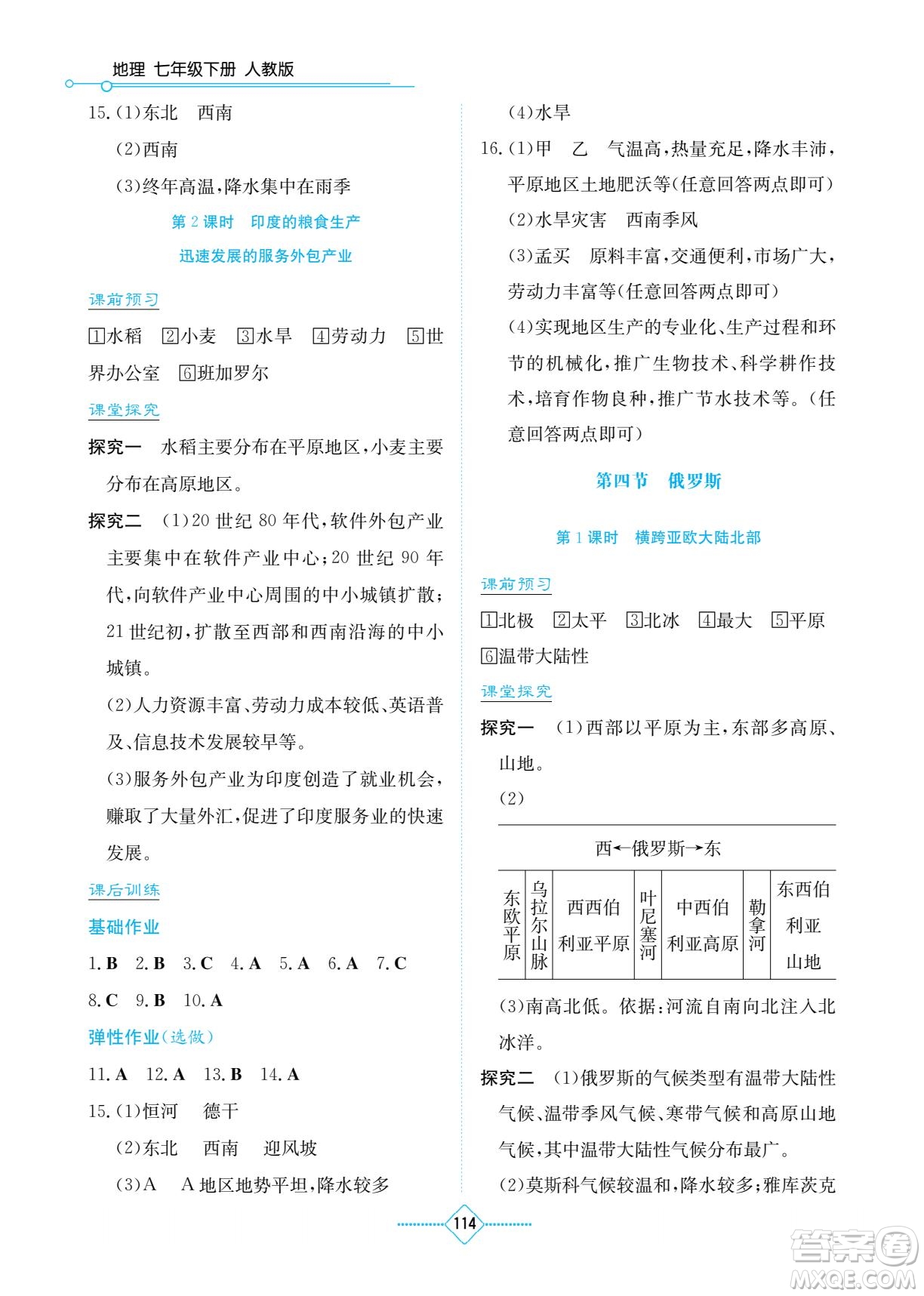 湖南教育出版社2022學法大視野七年級地理下冊人教版答案