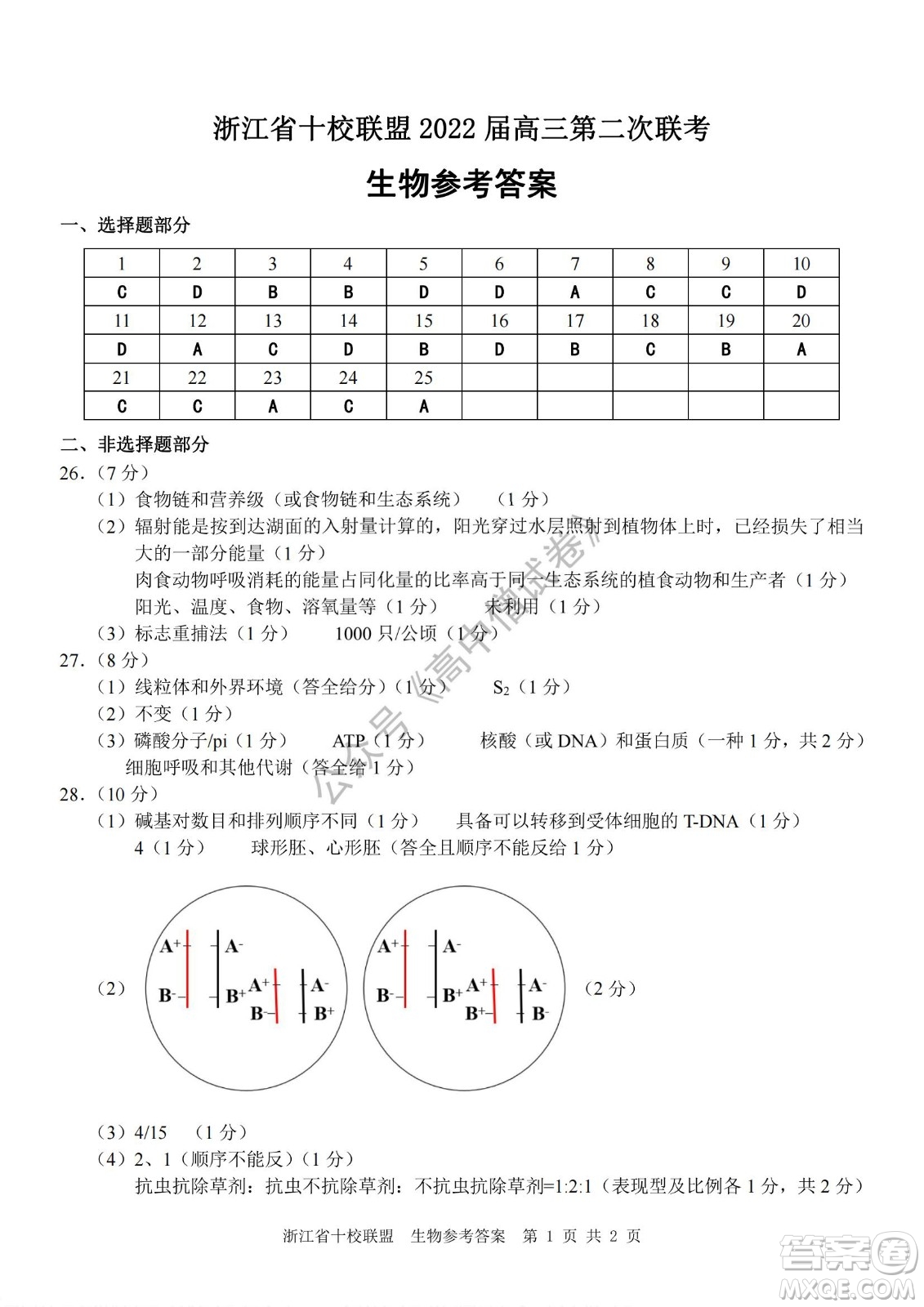 浙江省十校聯(lián)盟2022屆高三第二次聯(lián)考生物試題及答案