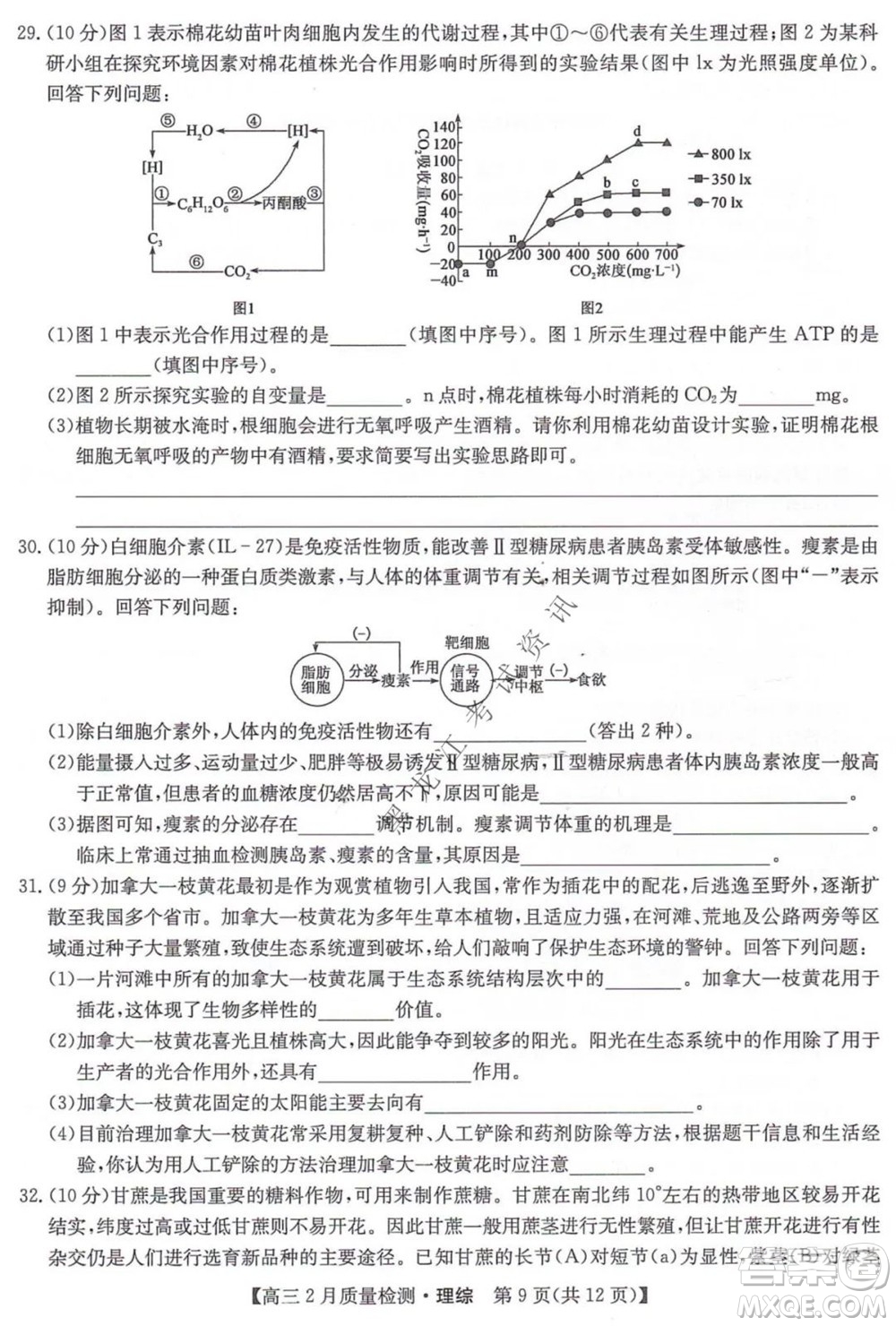 2022屆九師聯(lián)盟高三2月質(zhì)量檢測(cè)全國(guó)卷理科綜合試題及答案