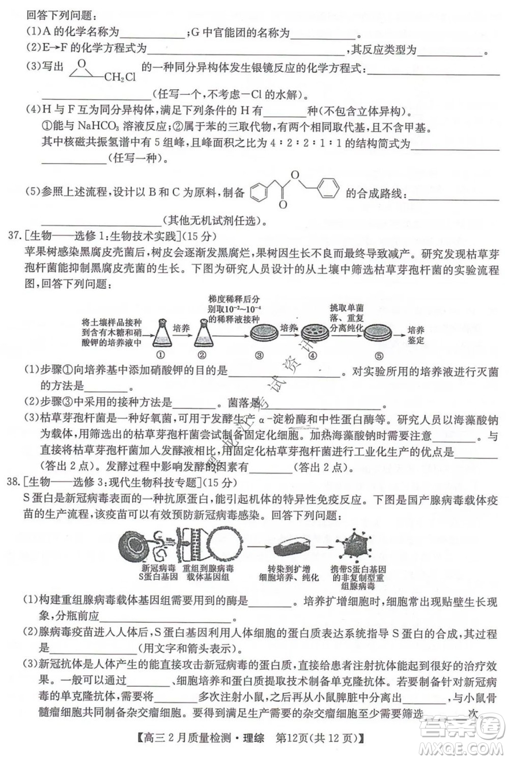 2022屆九師聯(lián)盟高三2月質(zhì)量檢測(cè)全國(guó)卷理科綜合試題及答案