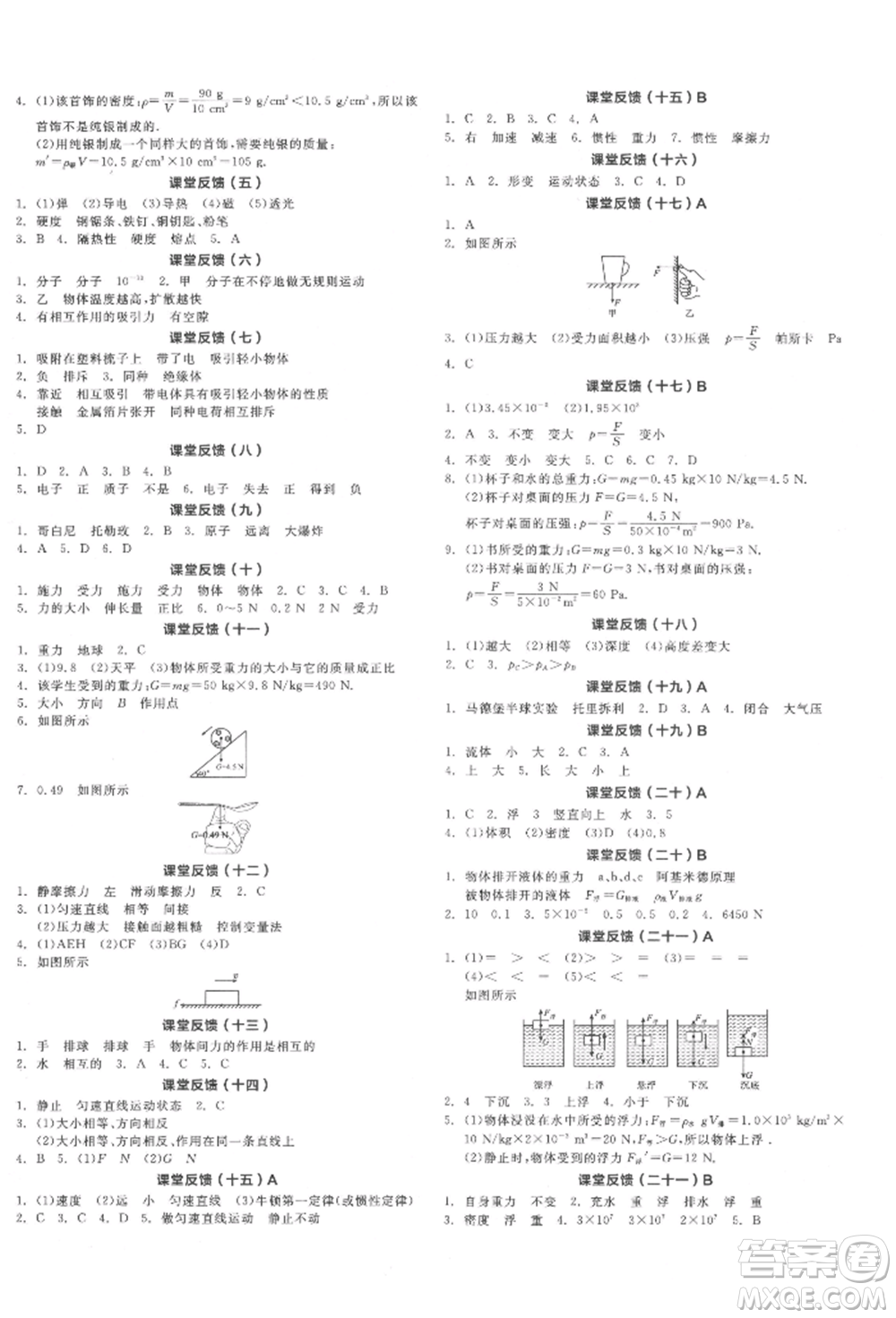 天津人民出版社2022全品學(xué)練考聽課手冊八年級(jí)物理下冊蘇科版參考答案