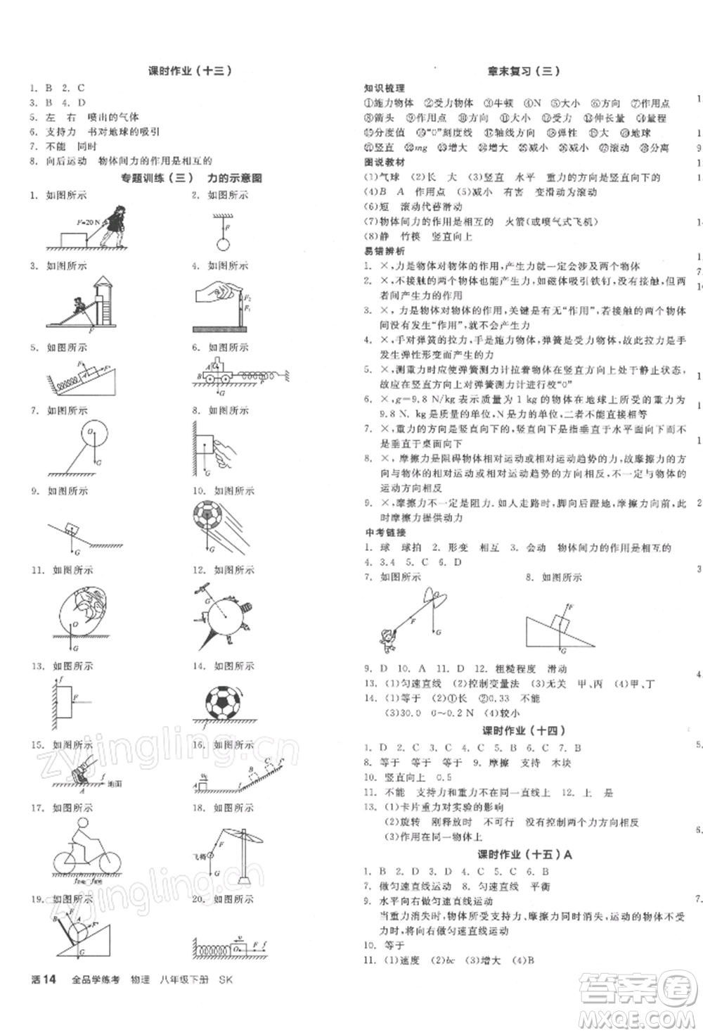 天津人民出版社2022全品學(xué)練考聽課手冊八年級(jí)物理下冊蘇科版參考答案