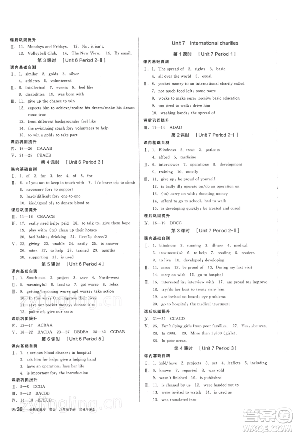 陽光出版社2022全品學(xué)練考聽課手冊(cè)八年級(jí)英語下冊(cè)譯林牛津版參考答案