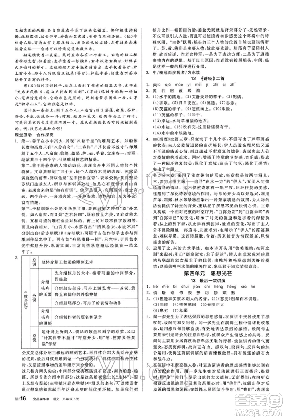 陽光出版社2022全品學練考聽課手冊八年級語文下冊人教版參考答案